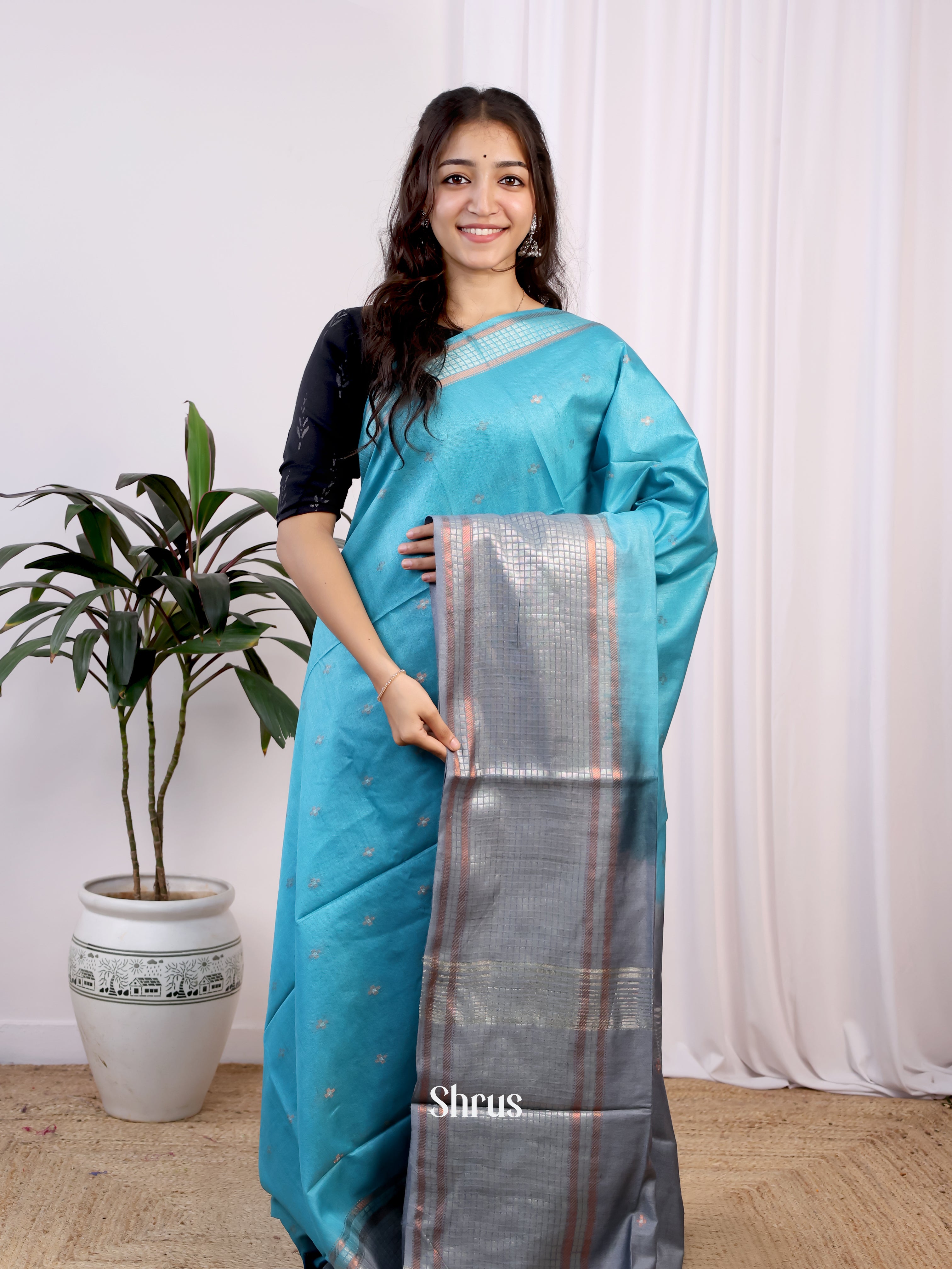 Blue & Grey-Semi Tussar Saree - Shop on Shrus.com