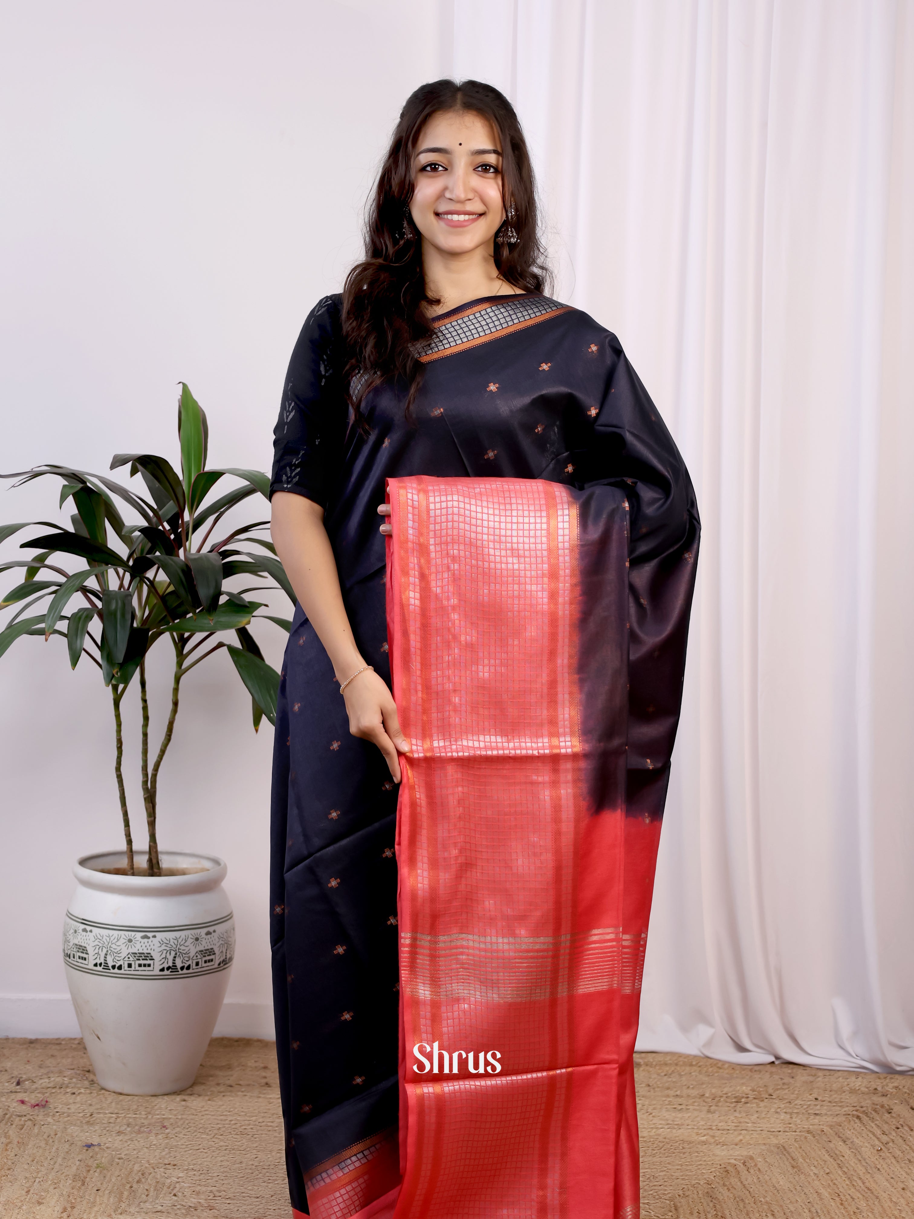 Blue & Red -Semi Tussar Saree - Shop on Shrus.com