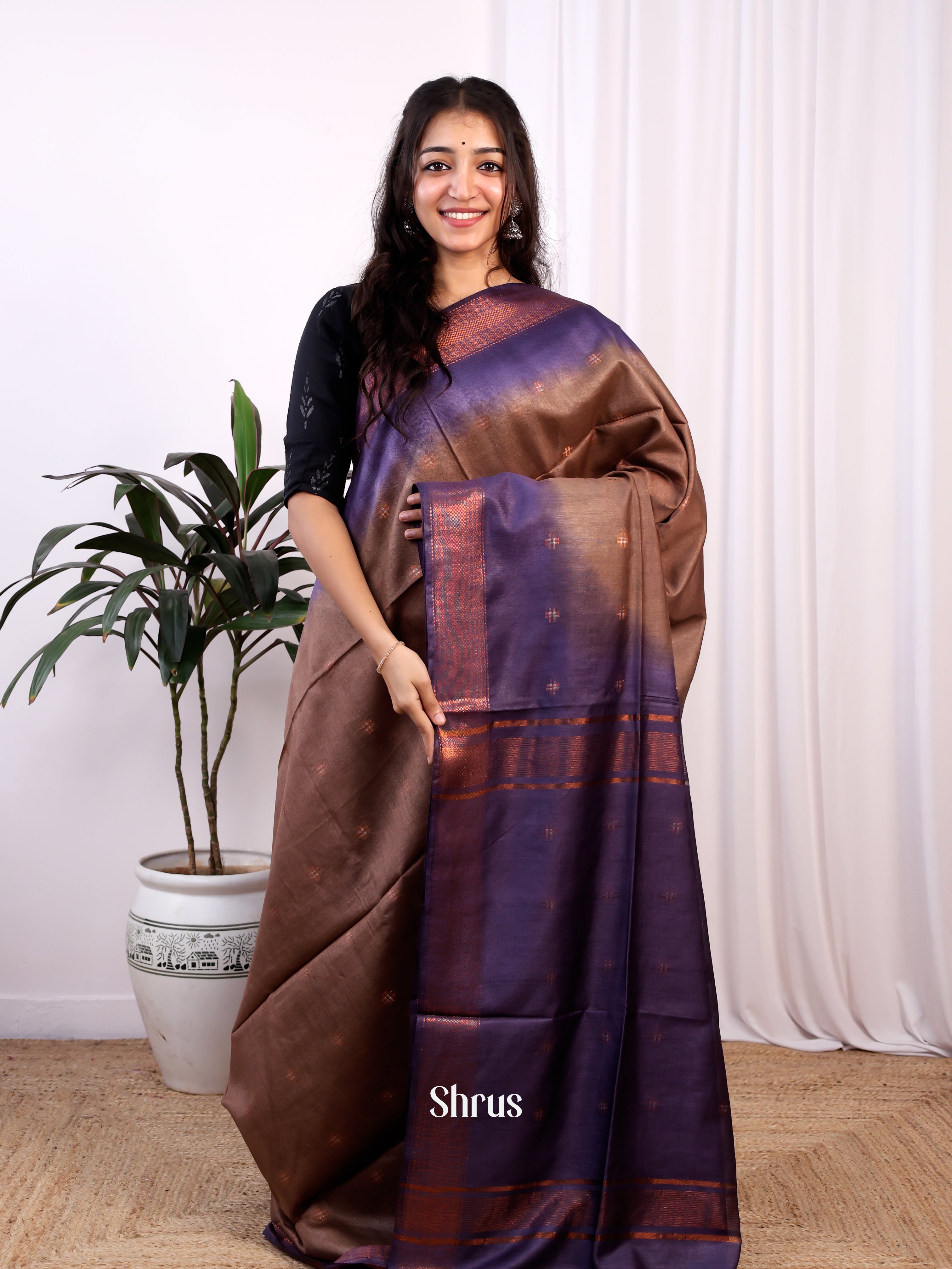 Brown & Violet -Semi Tussar Saree - Shop on Shrus.com