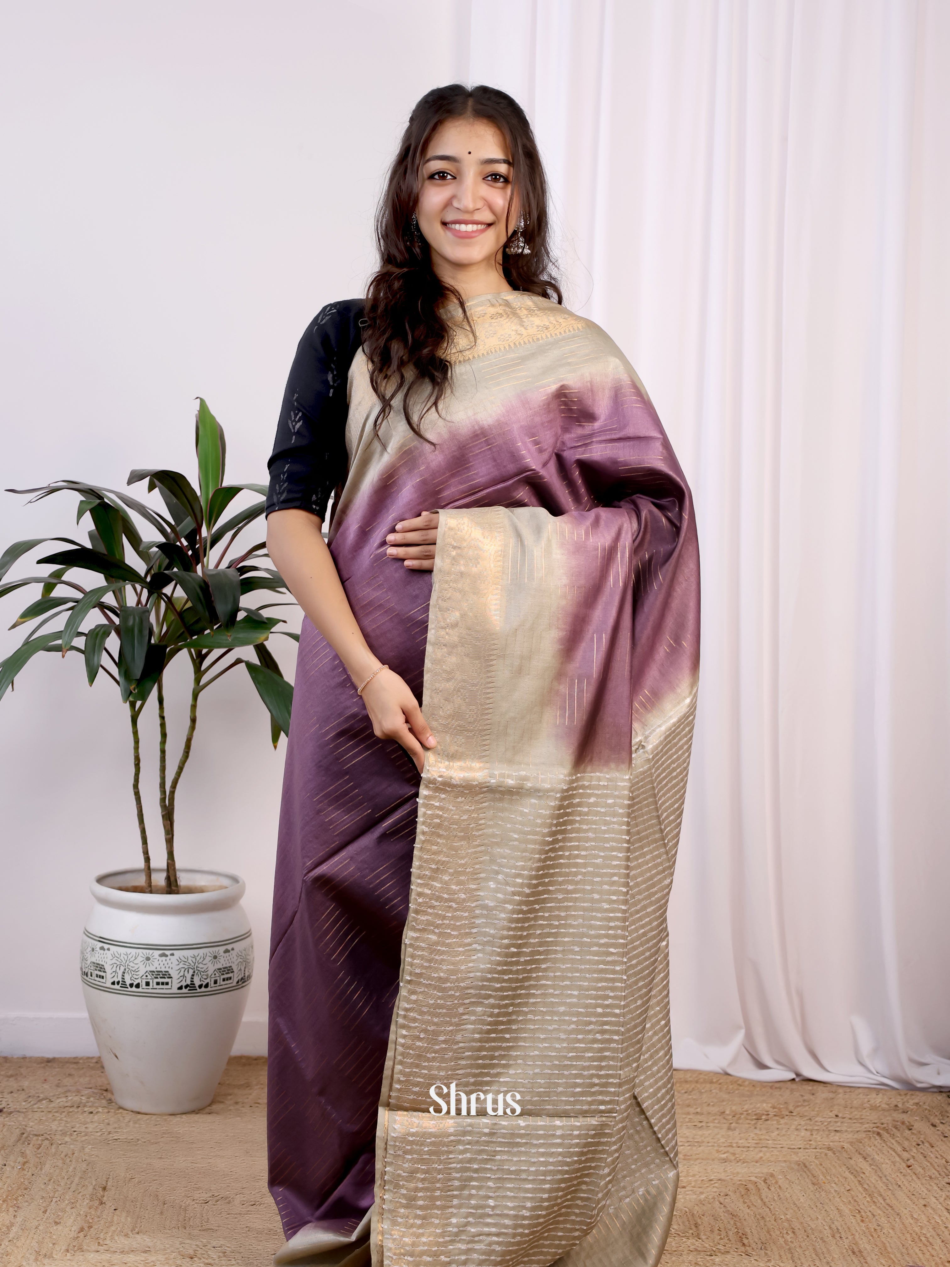 Purple & Grey -Semi Tussar Saree - Shop on Shrus.com