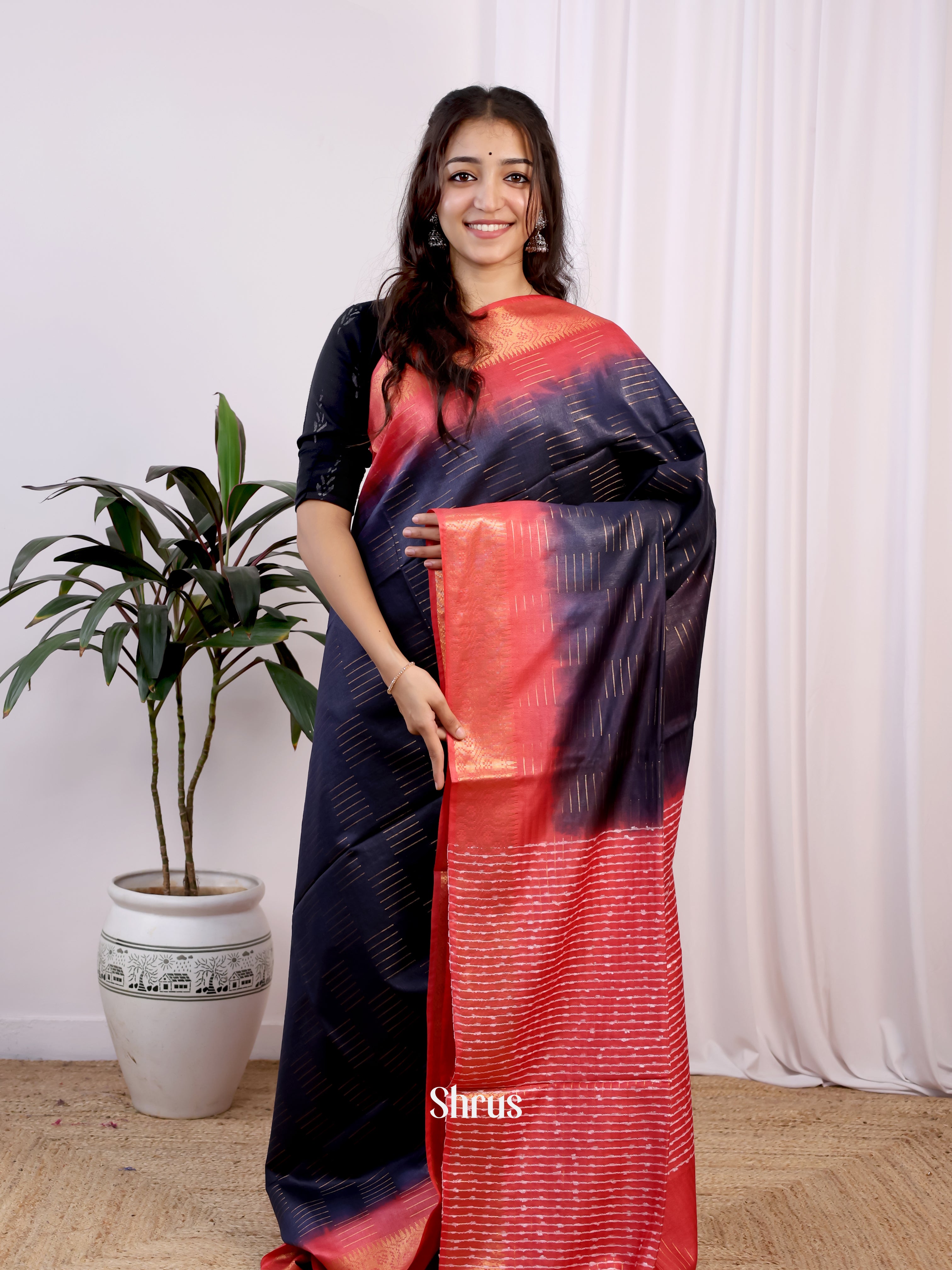 Blue & Red -Semi Tussar Saree - Shop on Shrus.com