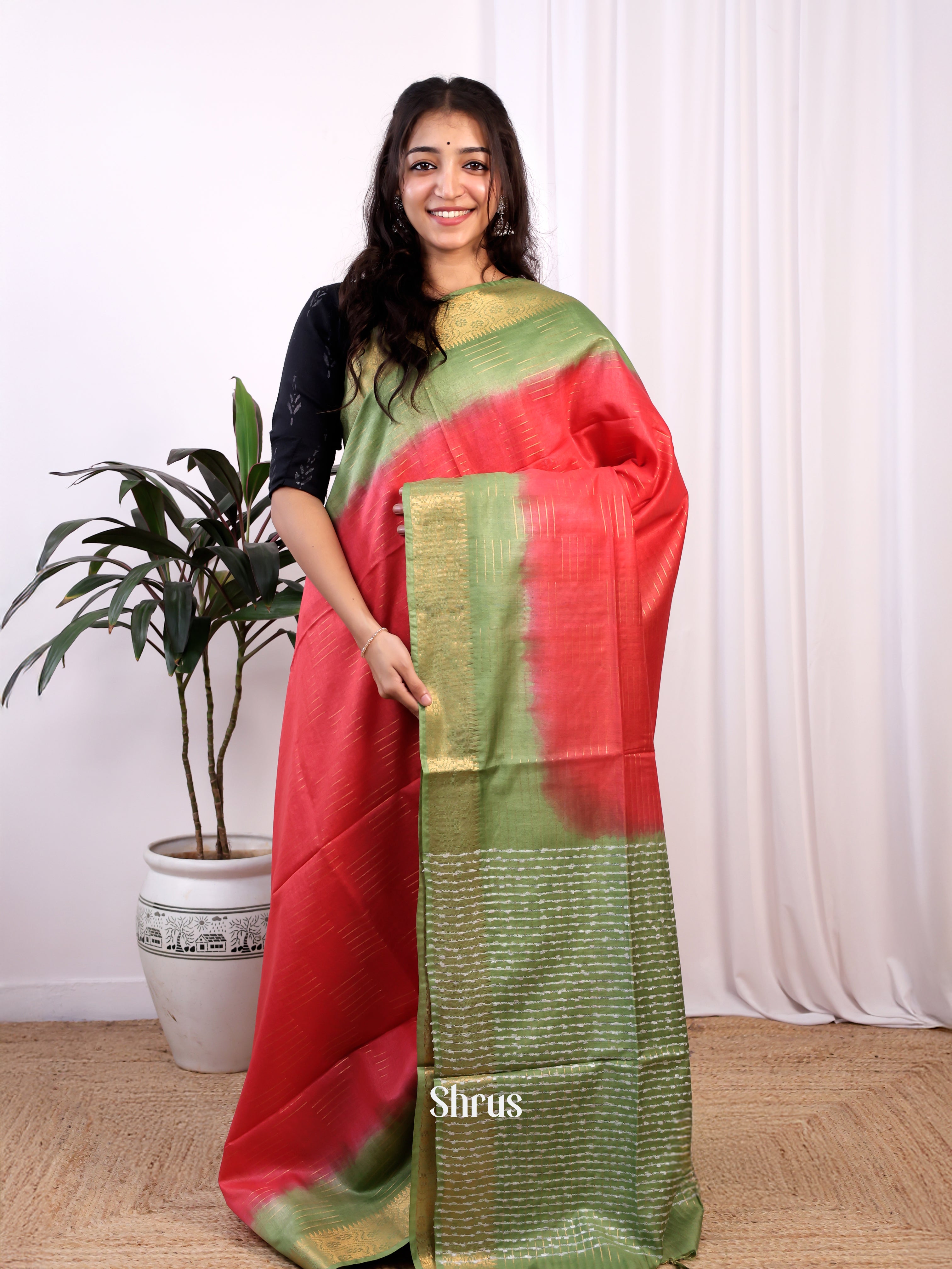 Red & Green -Semi Tussar Saree - Shop on Shrus.com