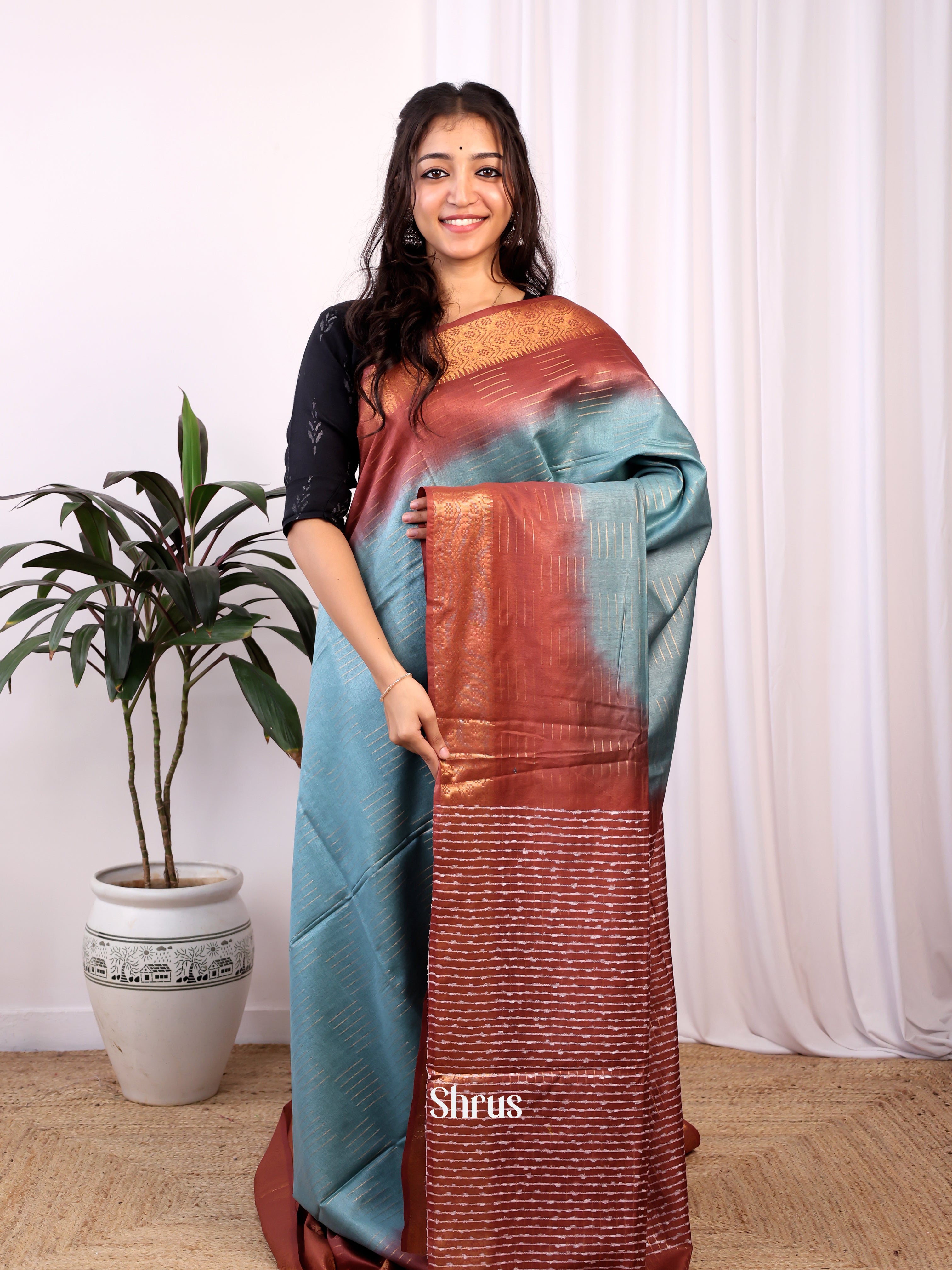 Blue & Brown- Semi Tussar Saree - Shop on Shrus.com