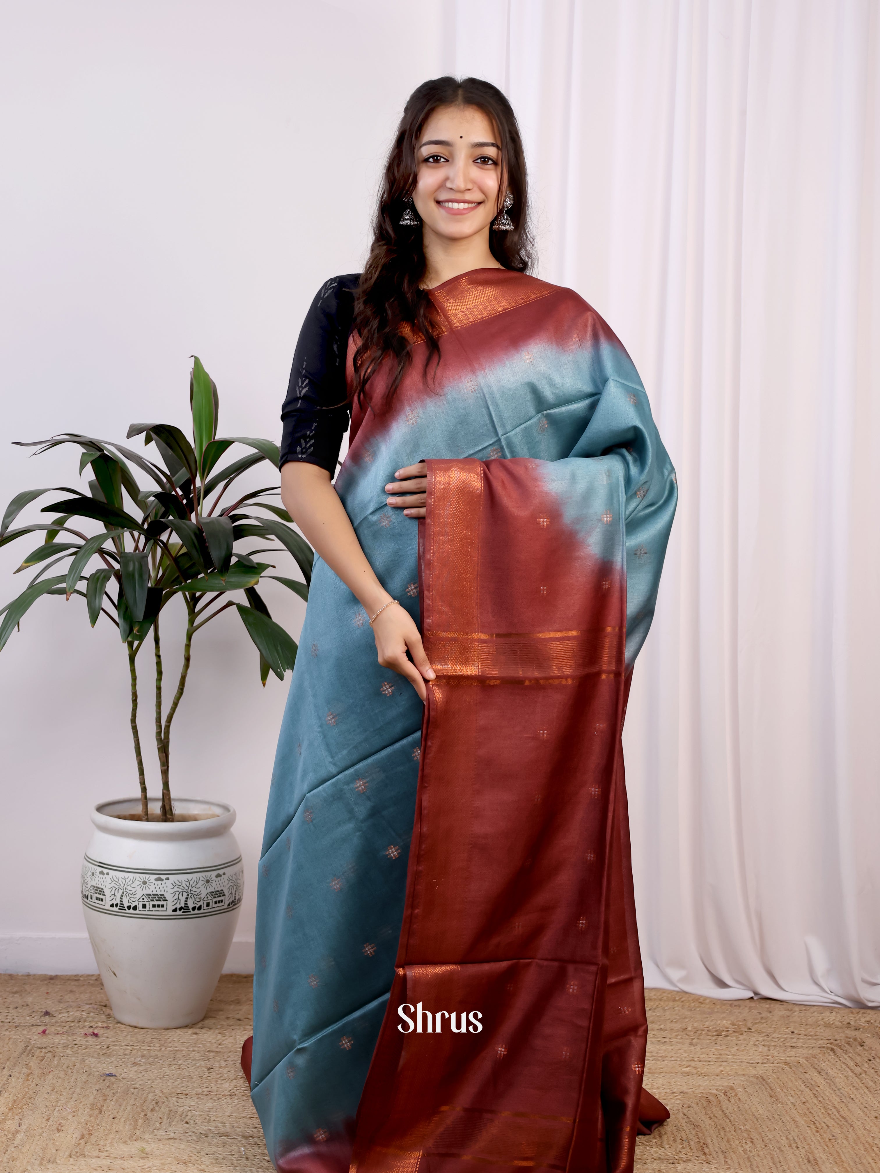 Blue & Brown -Semi Tussar Saree - Shop on Shrus.com