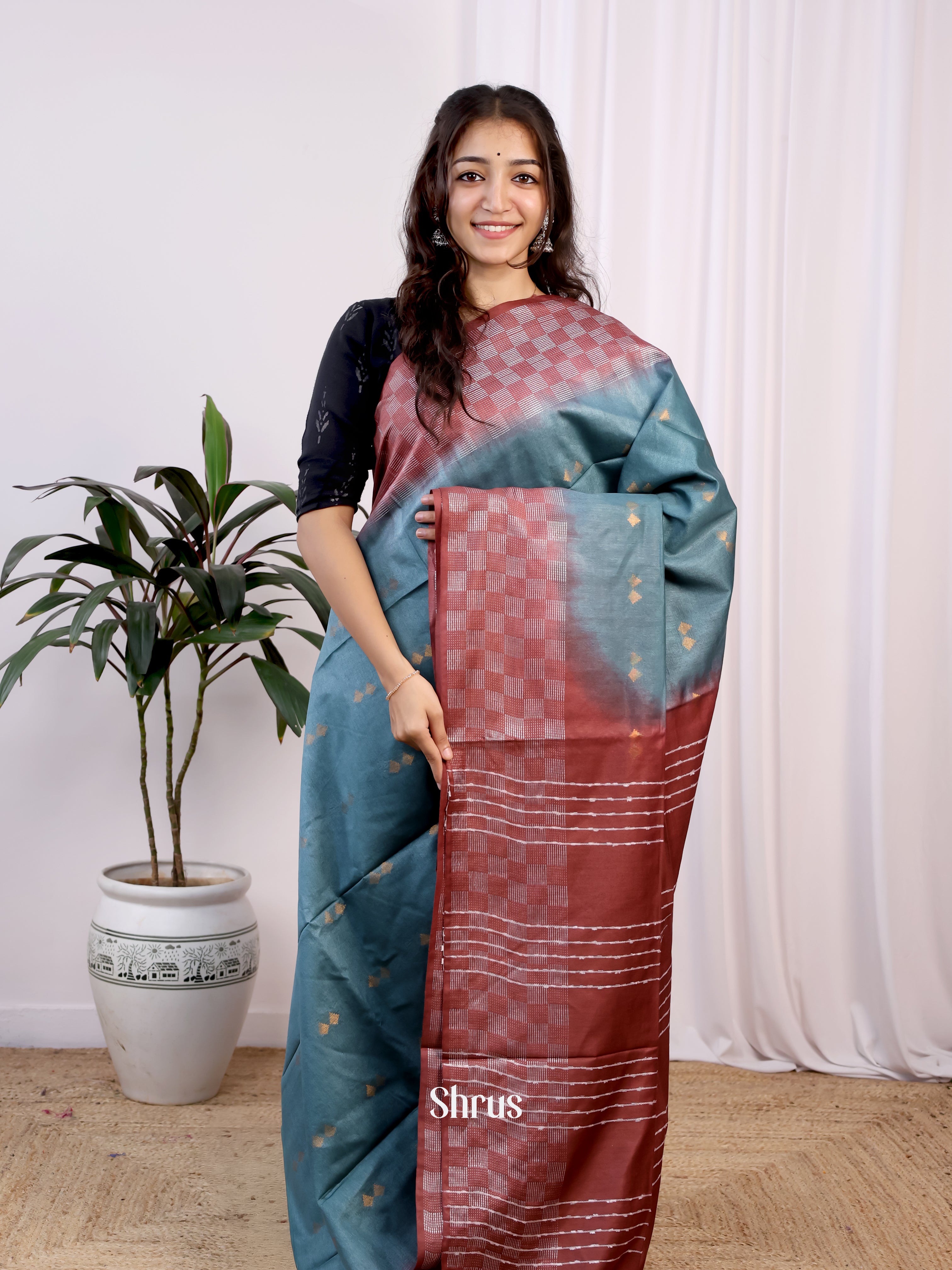 Grey& Brown-Semi Tussar Saree - Shop on Shrus.com