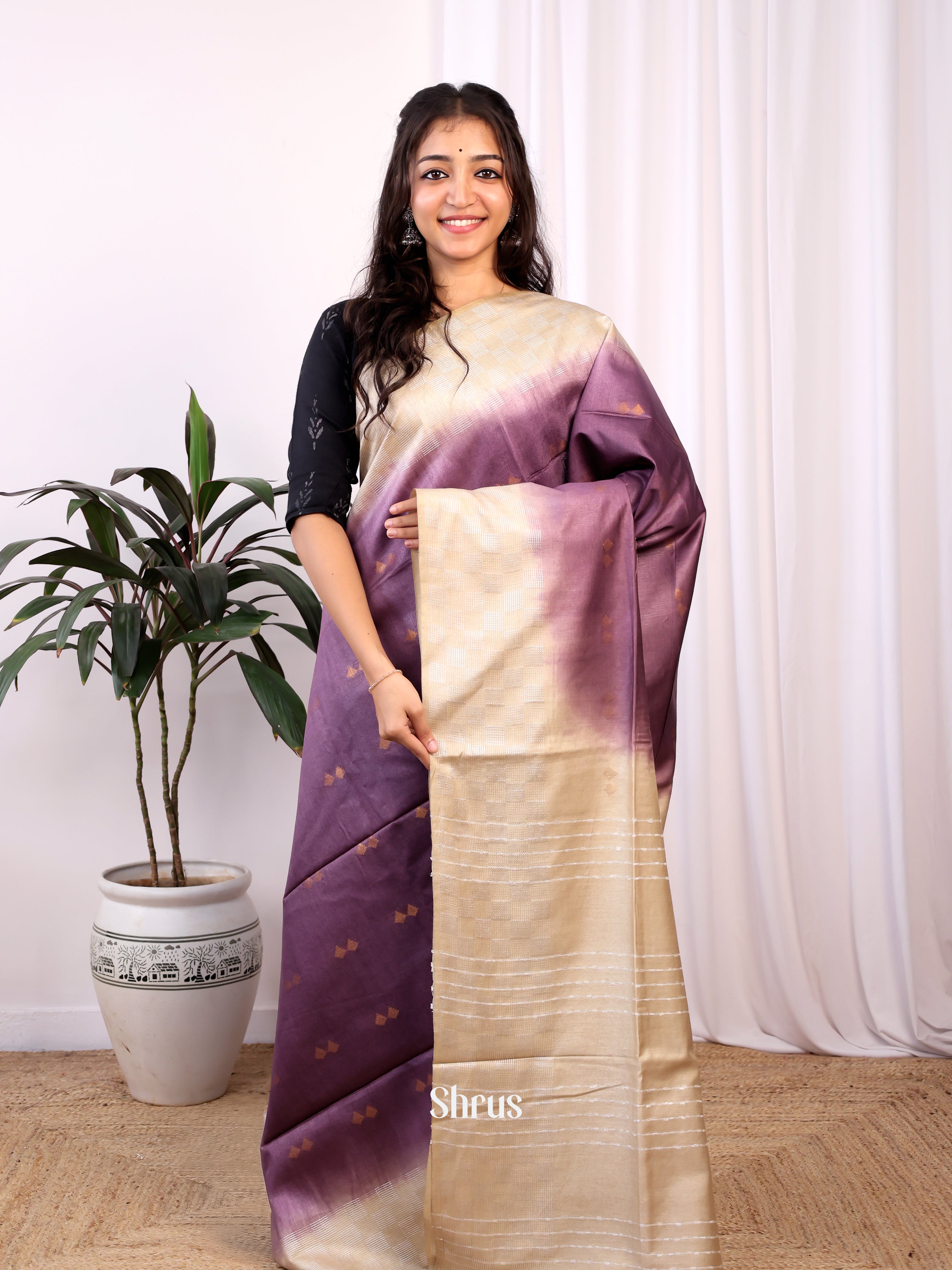 Purple & Cream - Semi Tussar Saree - Shop on Shrus.com