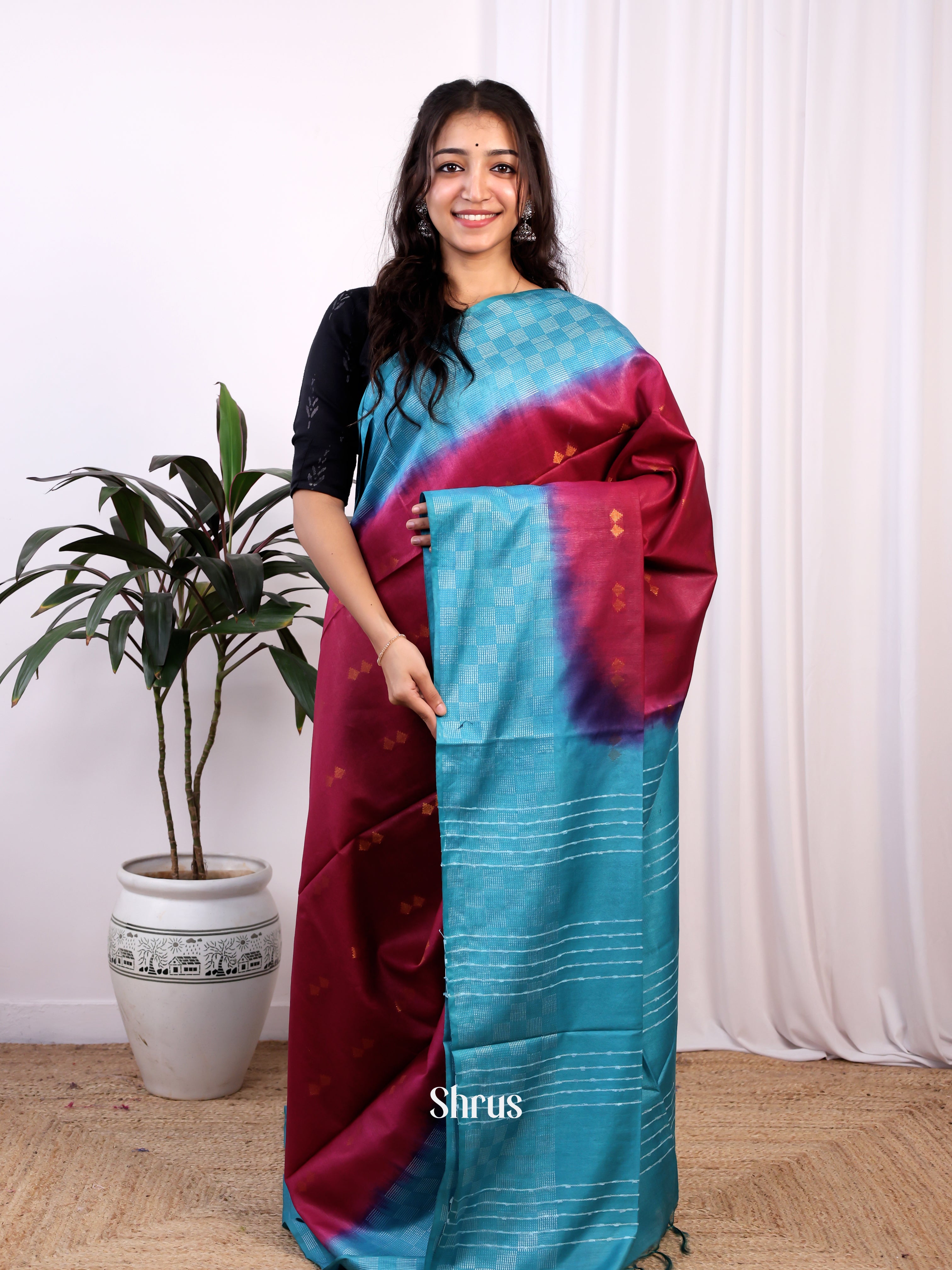 Maroon & Blue -Semi Tussar - Shop on Shrus.com