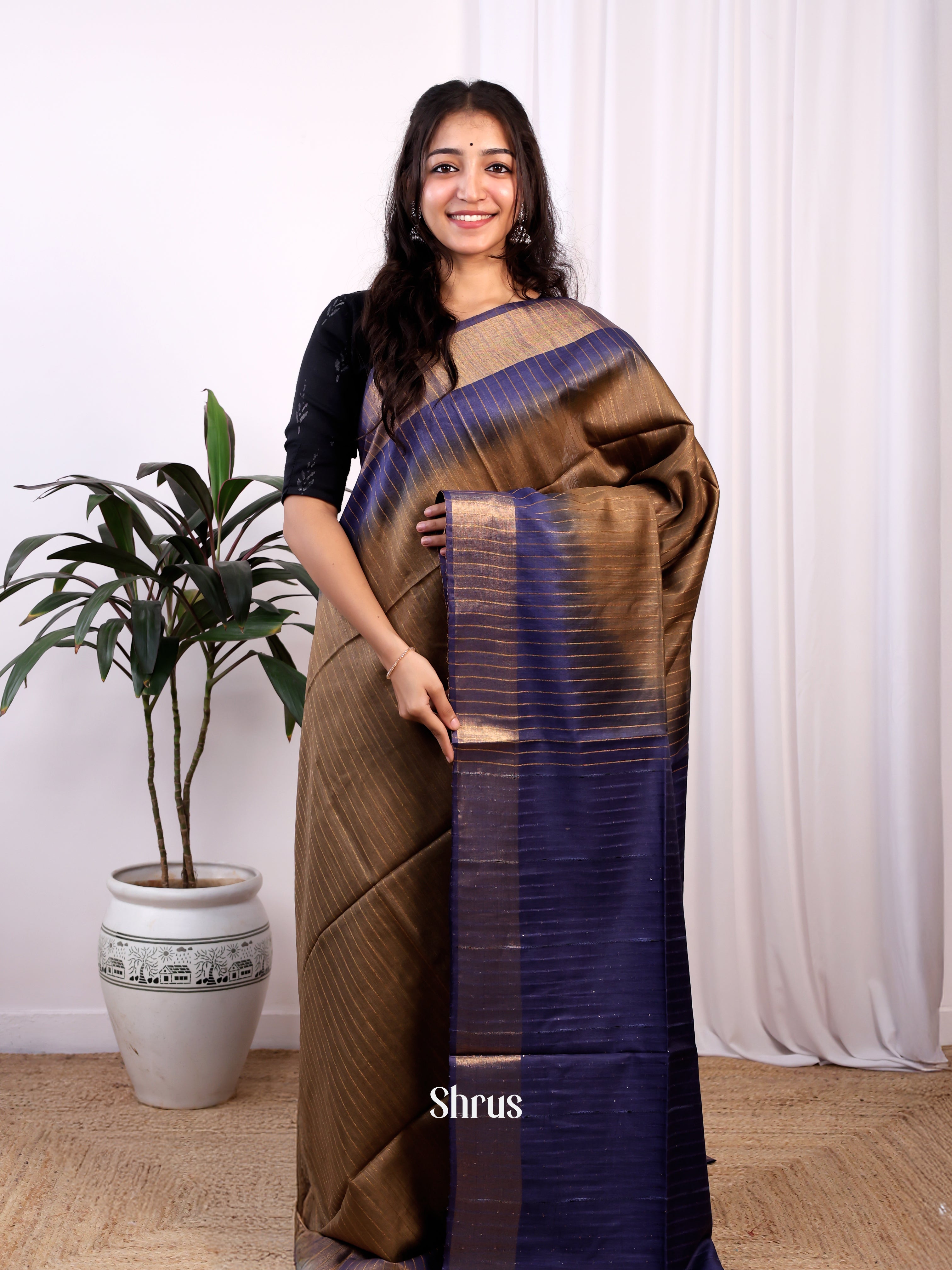 Brown & Violet -Semi Tussar Saree - Shop on Shrus.com