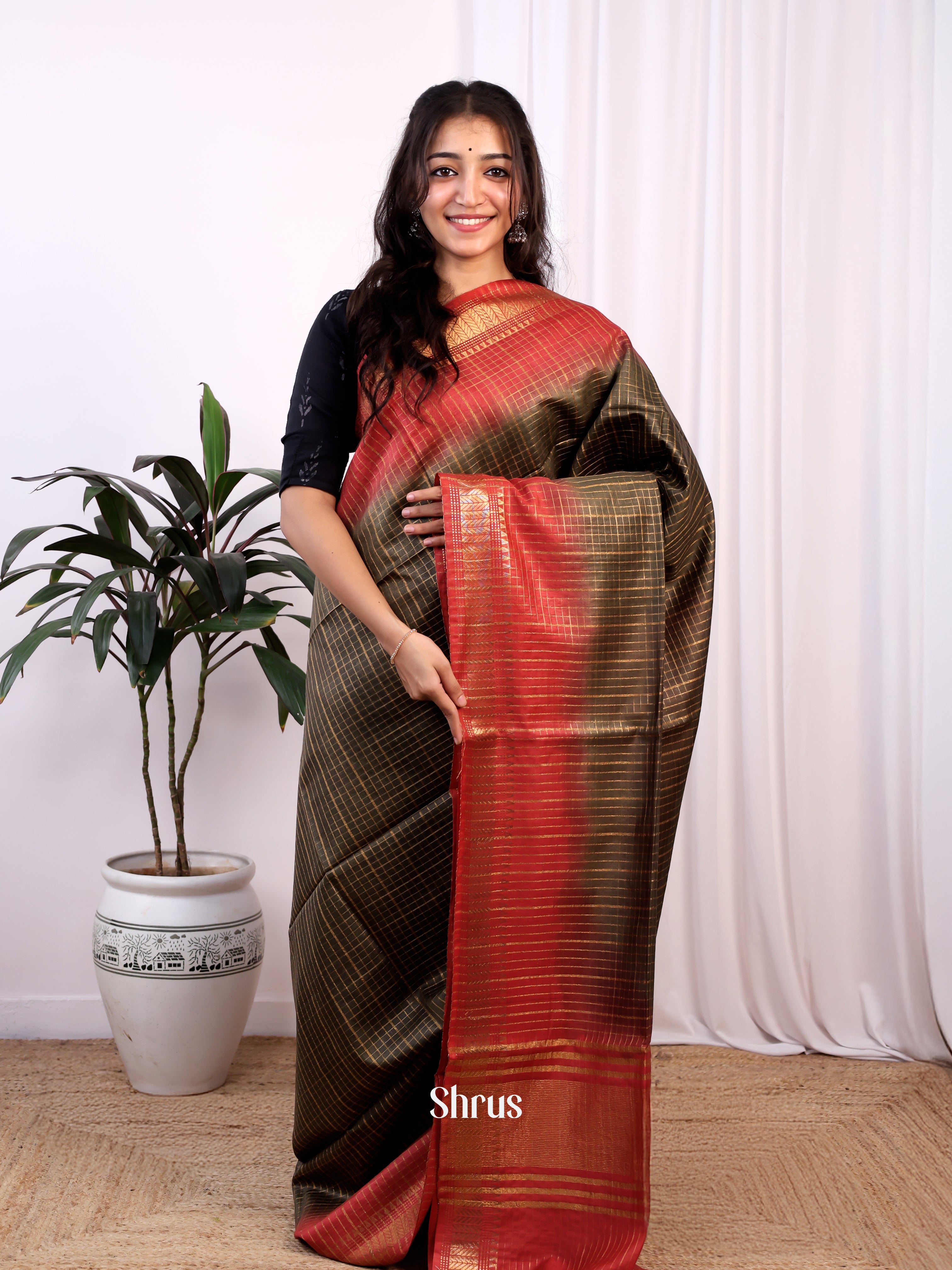 Brown & Maroon -Semi Tussar - Shop on Shrus.com