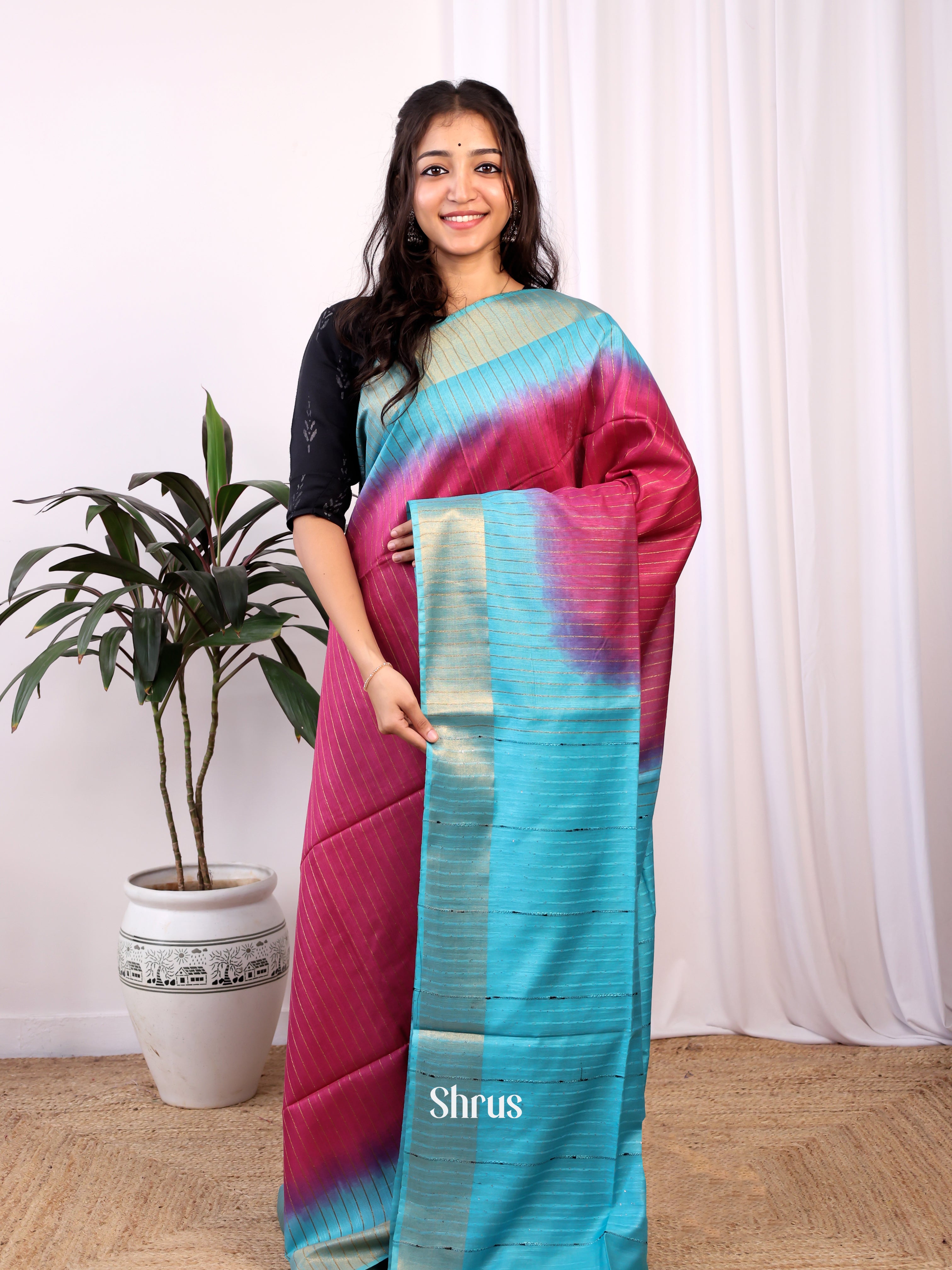 Purple & Blue - Semi Tussar Saree - Shop on Shrus.com