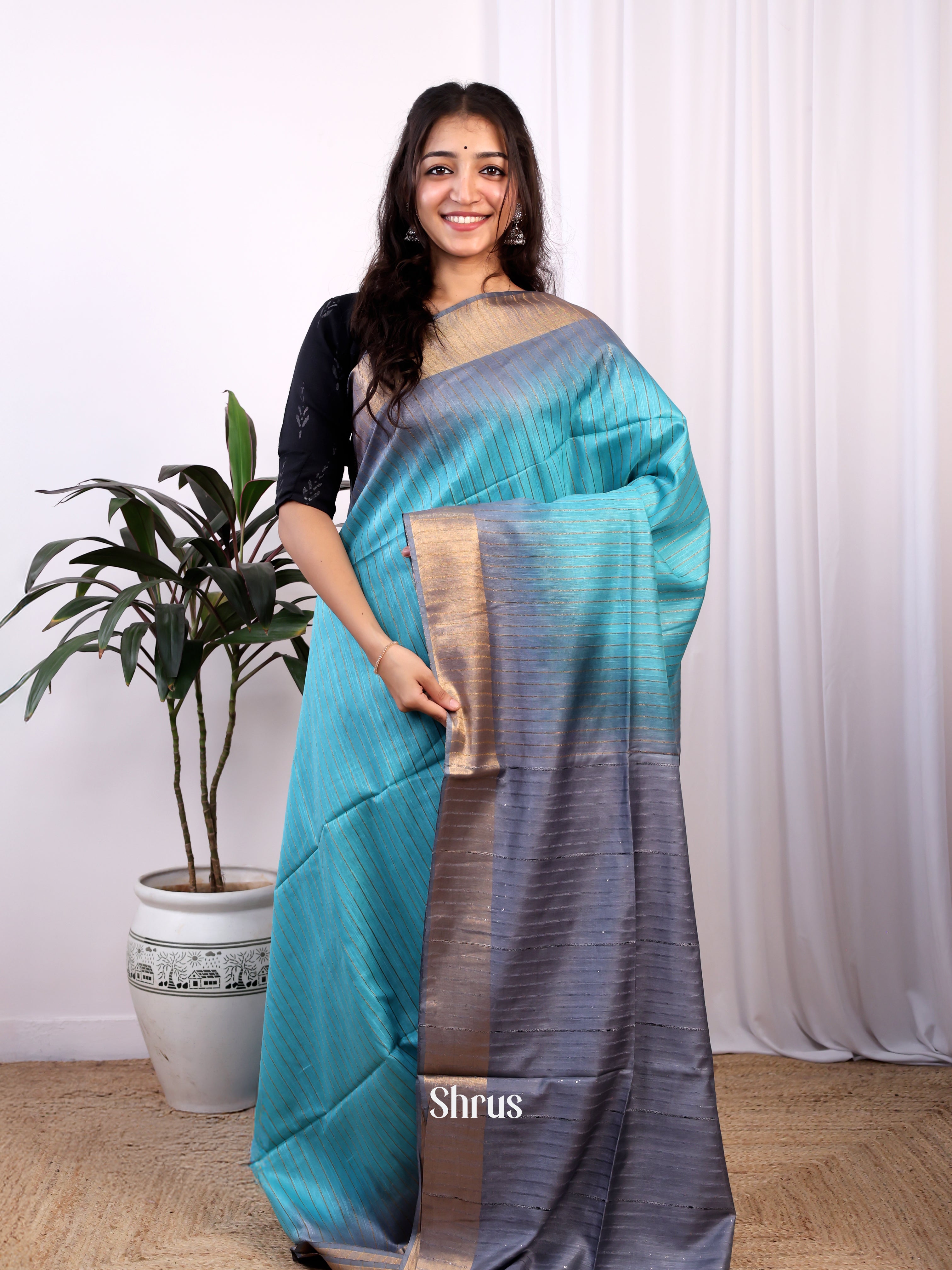 Blue & Grey -Semi Tussar - Shop on Shrus.com