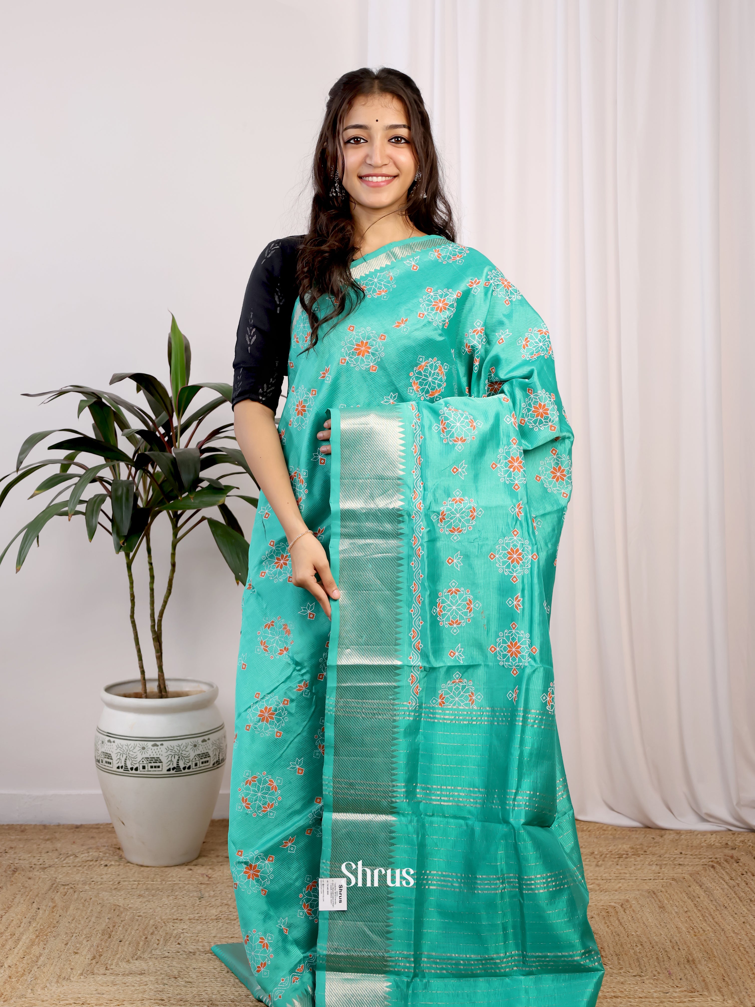 Teal(Single Tone) - Mangalagiri silkcotton Saree - Shop on Shrus.com