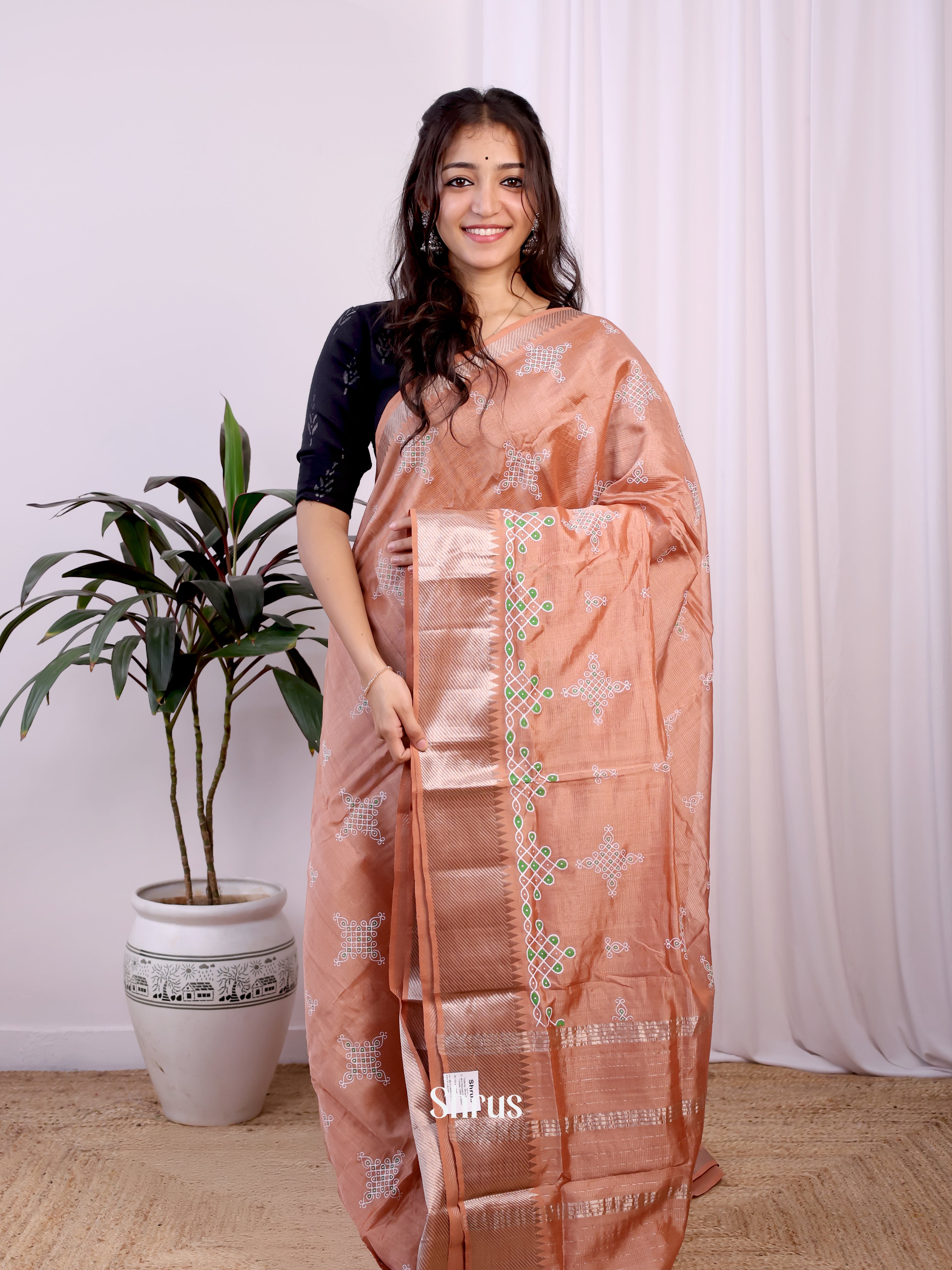 Peach(Single Tone) - Mangalagiri silkcotton Saree - Shop on Shrus.com
