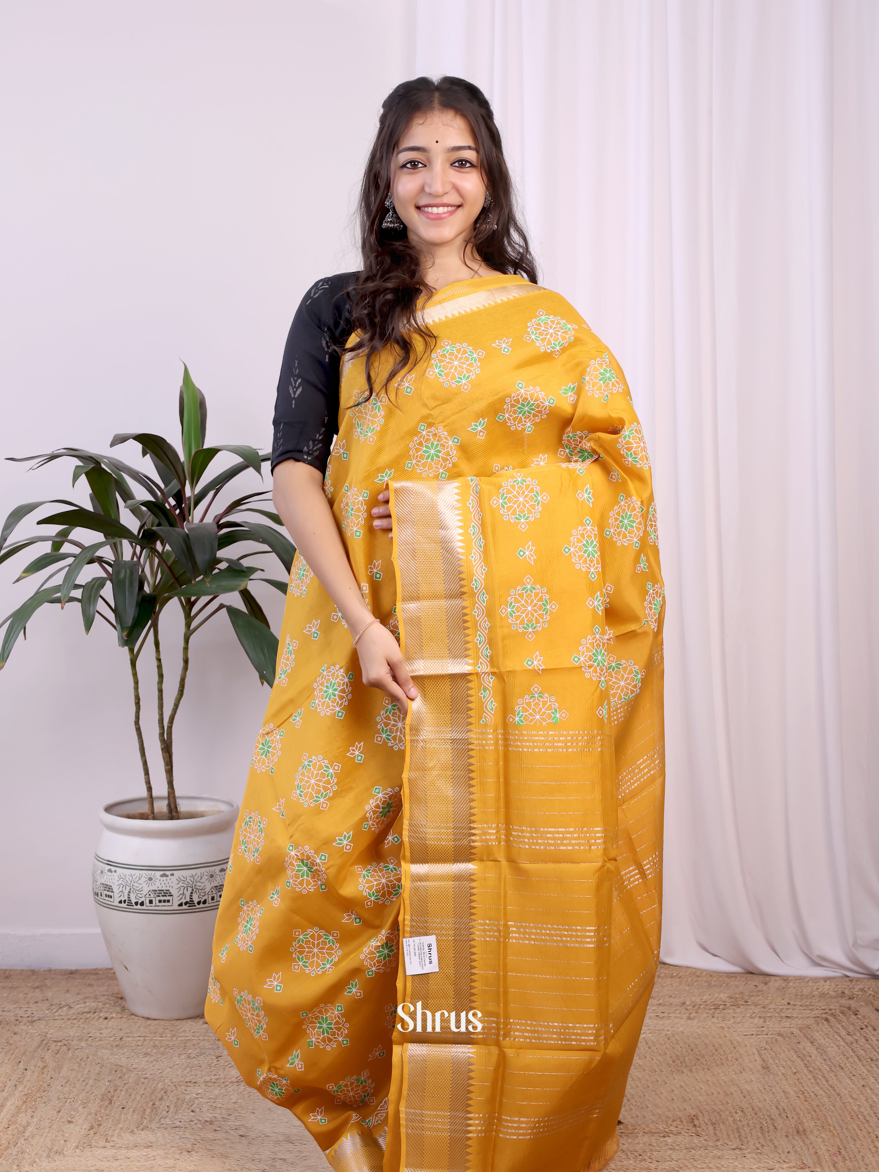 Mustard(single Tone) - Mangalagiri silkcotton Saree - Shop on Shrus.com