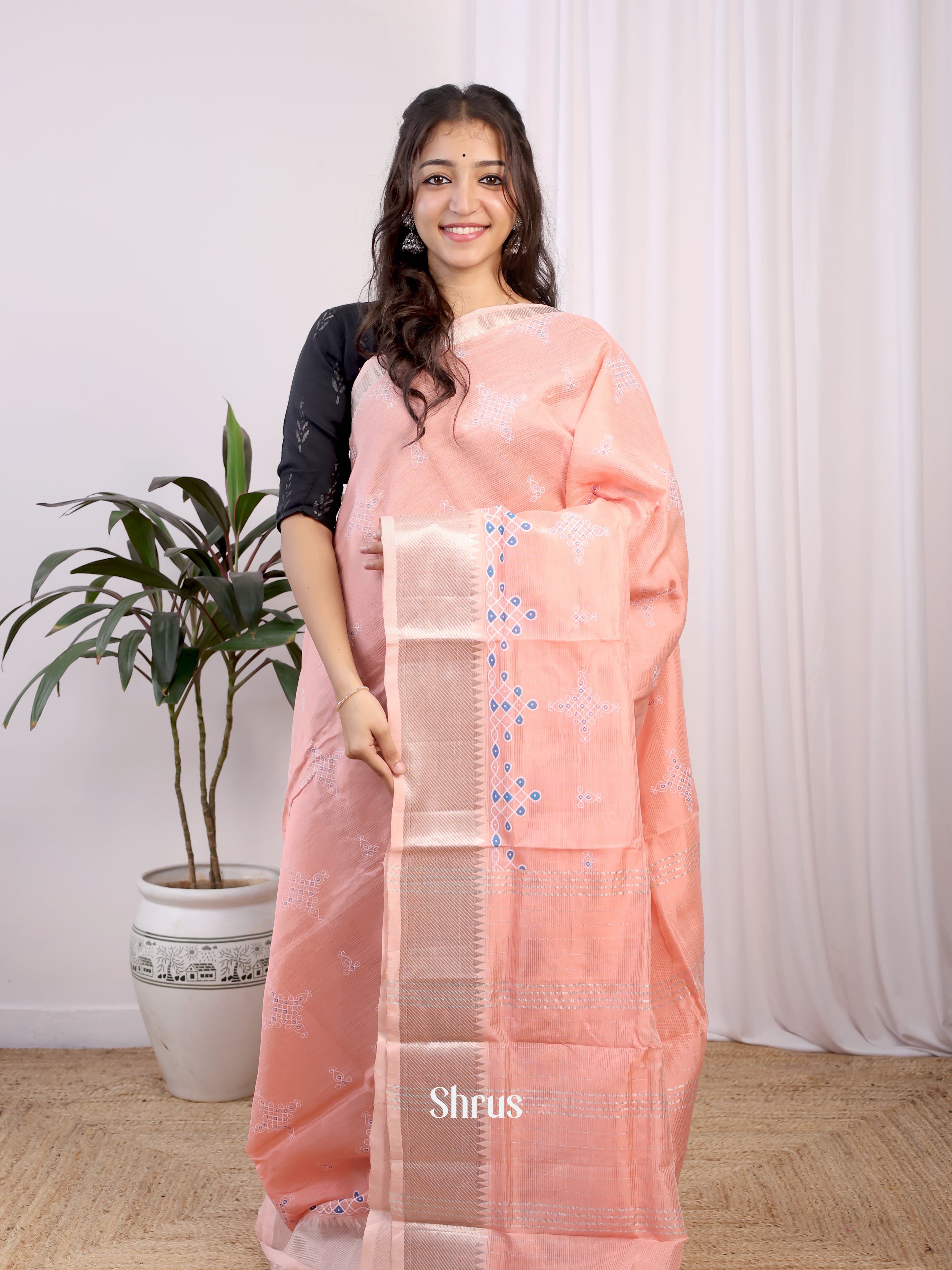 Peach(Single Tone) - Mangalagiri silkcotton Saree - Shop on Shrus.com