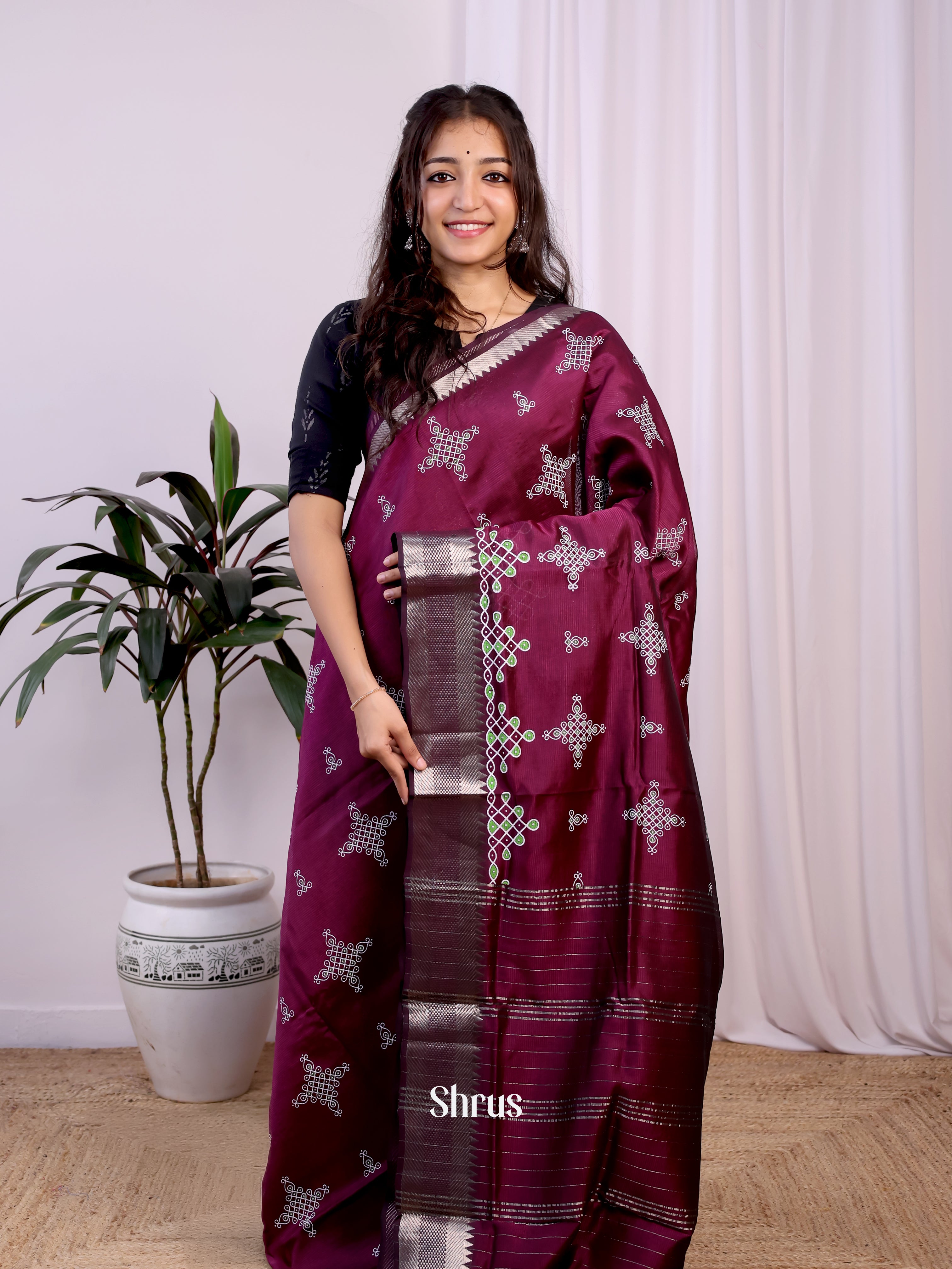 Wine(Single Tone) - Mangalagiri silkcotton Saree - Shop on Shrus.com