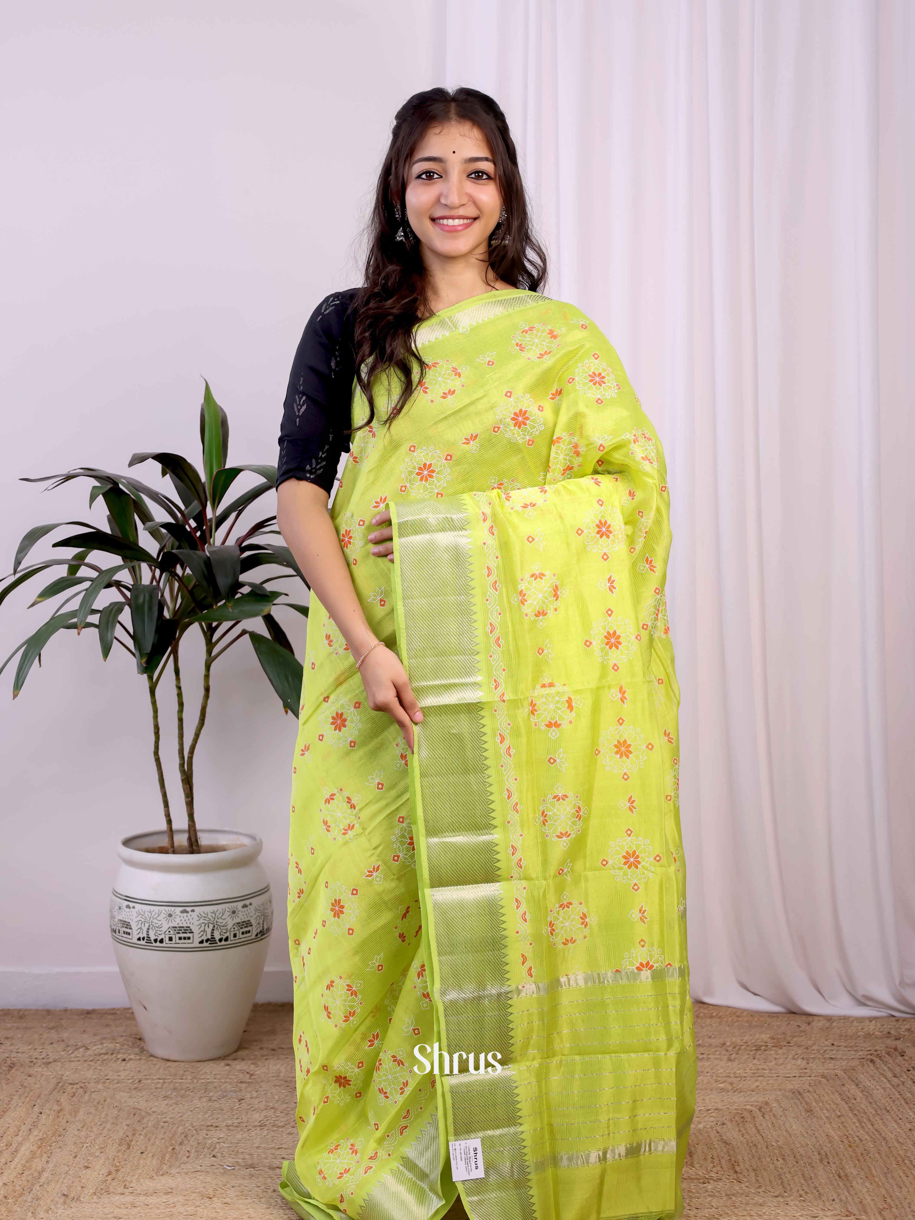 Lime Green(Single tone) - Mangalagiri silkcotton Saree with silver zari border - Shop on Shrus.com
