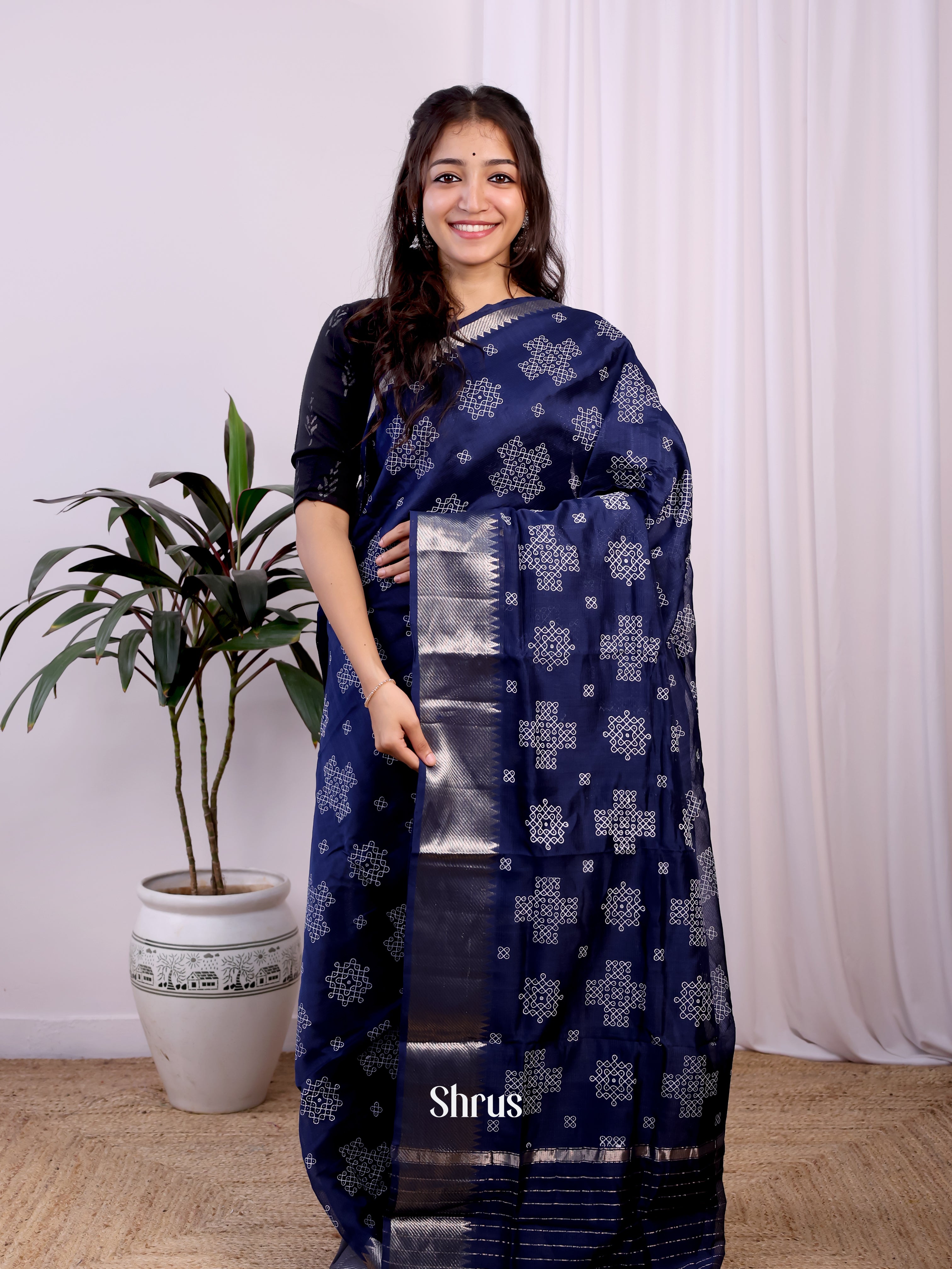 Navy Blue(Single Tone) - Mangalagiri silkcotton Saree - Shop on Shrus.com