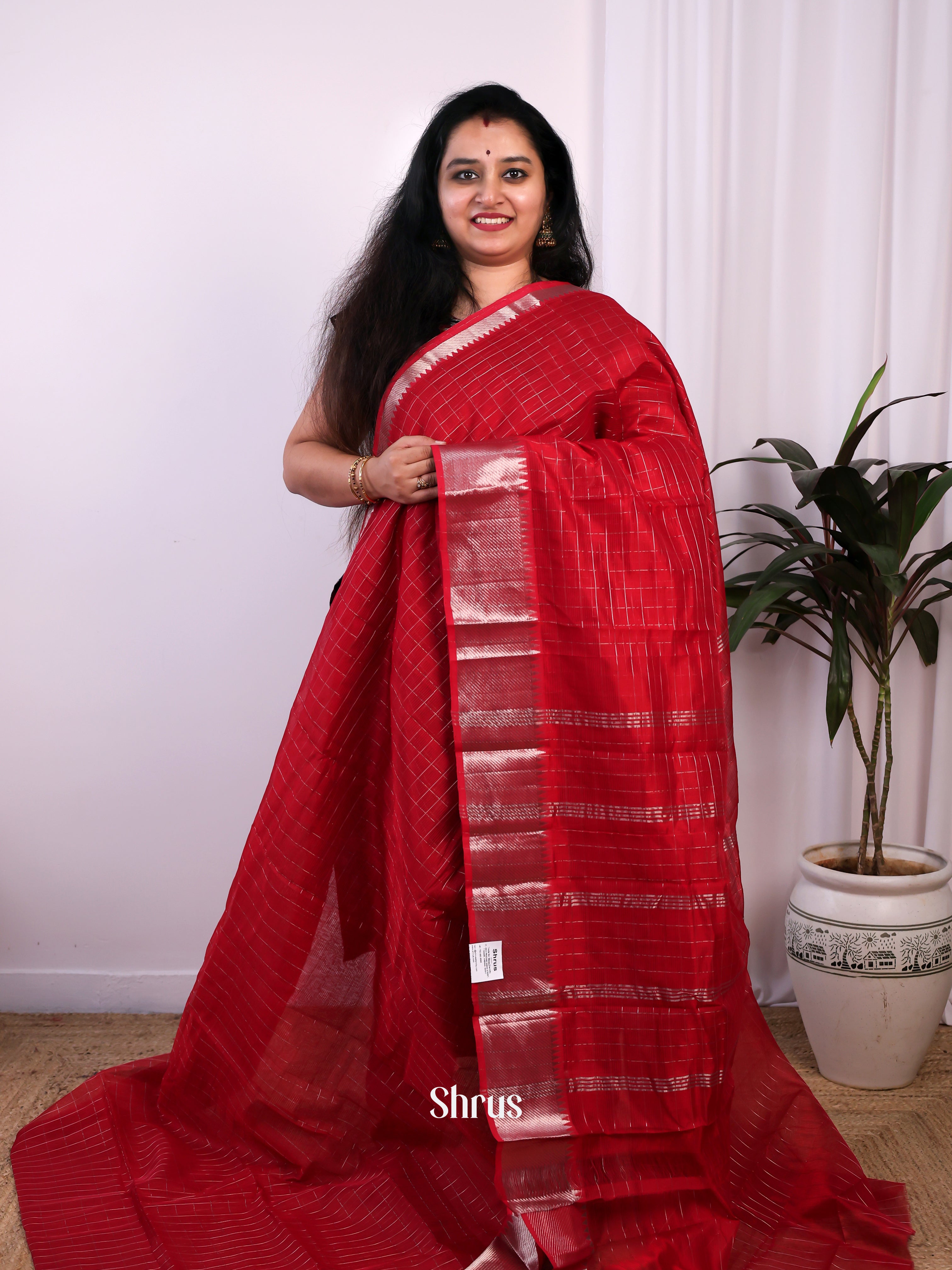 Checked Deep Red(Single Tone) - Mangalagiri silkcotton Saree - Shop on Shrus.com