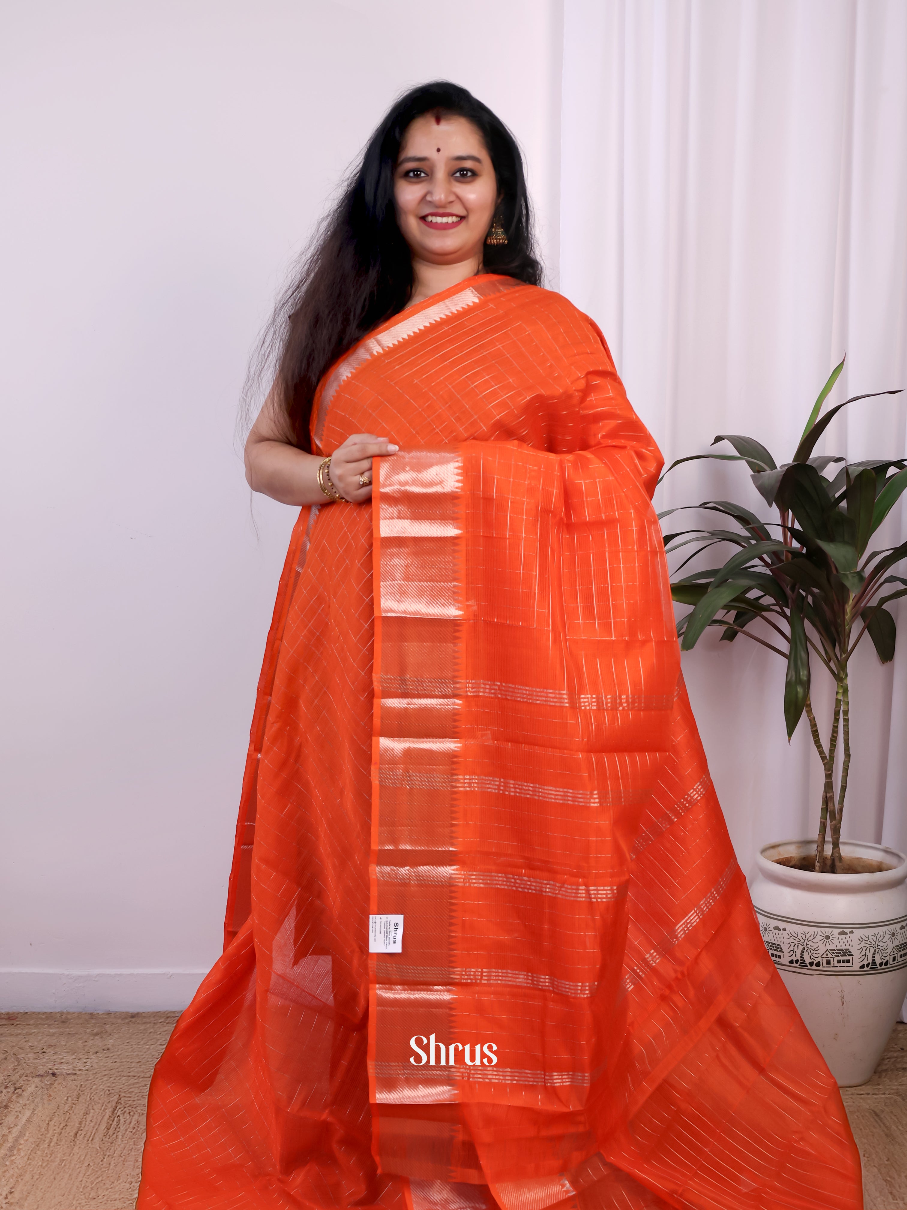 Checked Orange(Single Tone) – Mangalagiri silkcotton Saree - Shop on Shrus.com