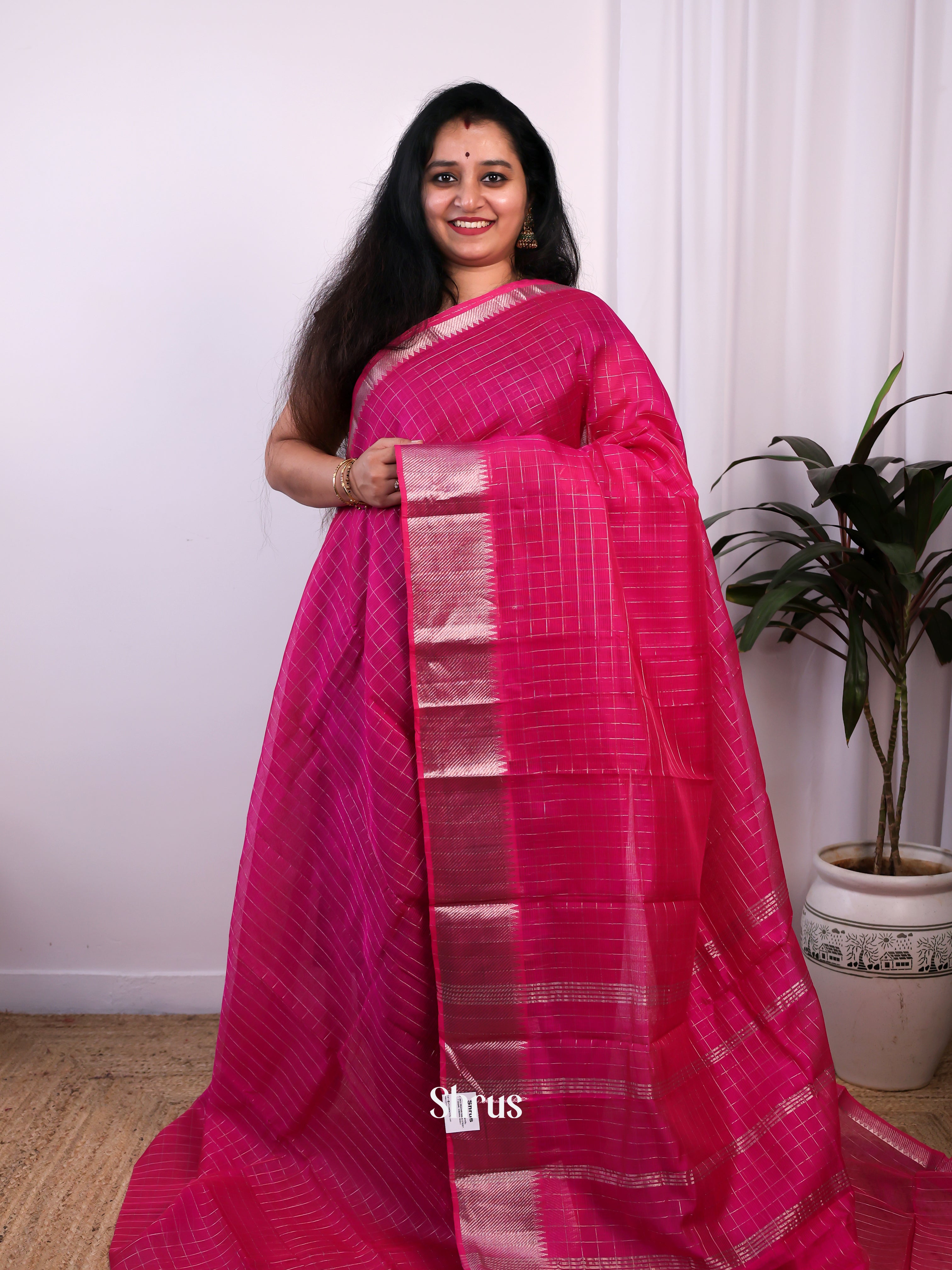 Checked Pink(Single Tone) - Mangalagiri silkcotton Saree - Shop on Shrus.com
