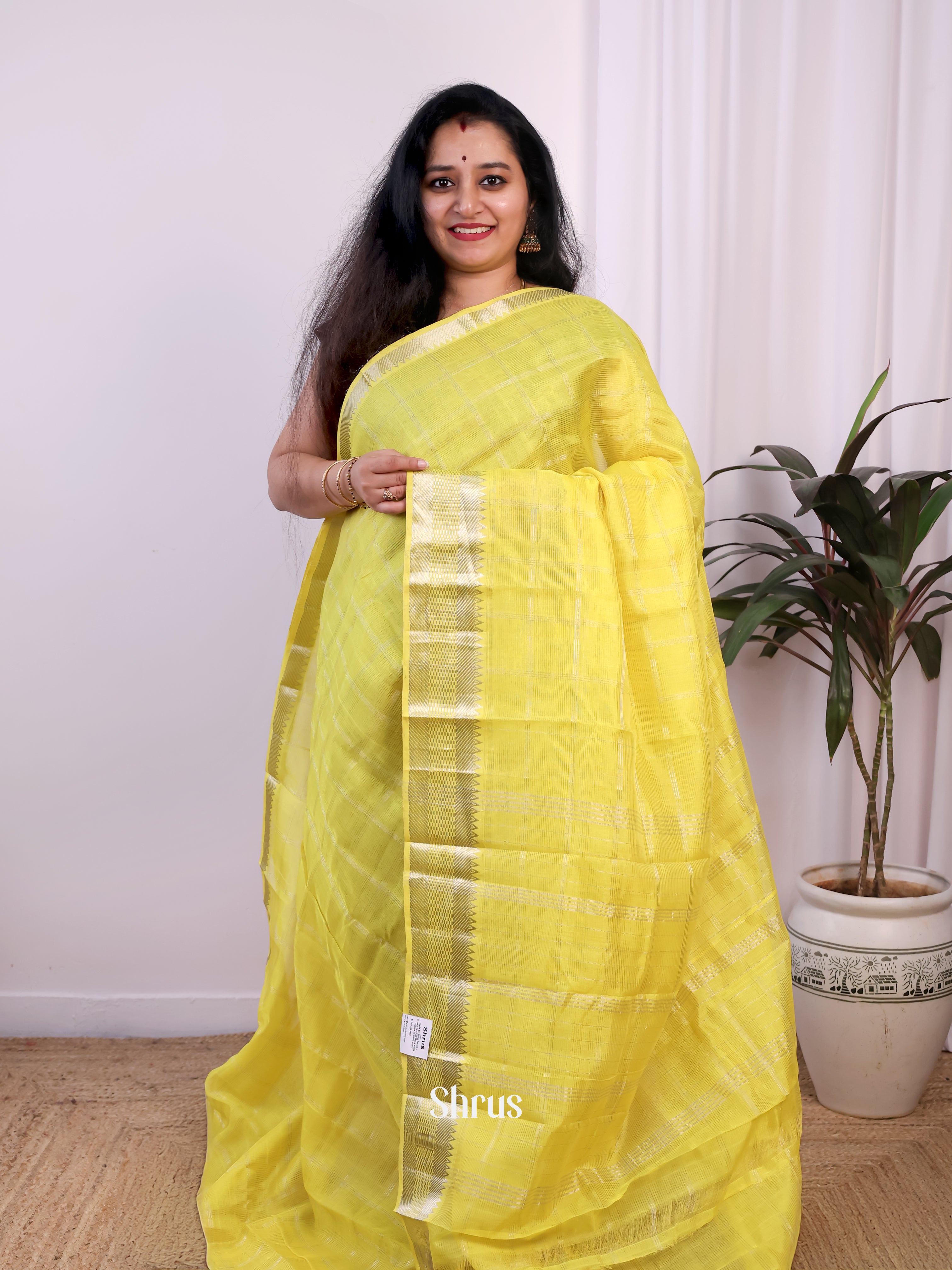 Radiant Yellow Mangalagiri Silk Cotton Saree with Silver Stripes & Zari Border