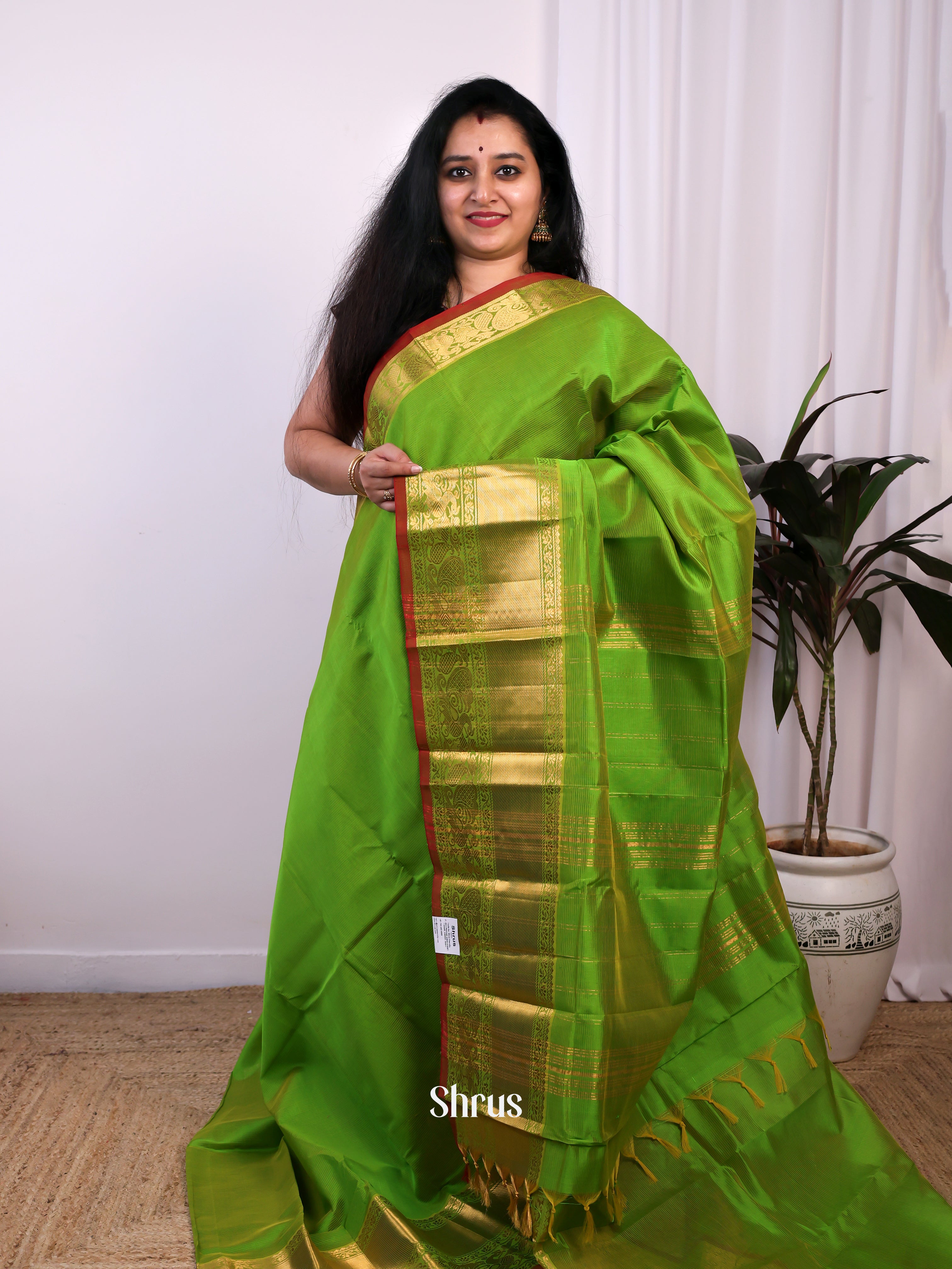 Parrot Green & Maroon - Mangalagiri silkcotton Saree - Shop on Shrus.com