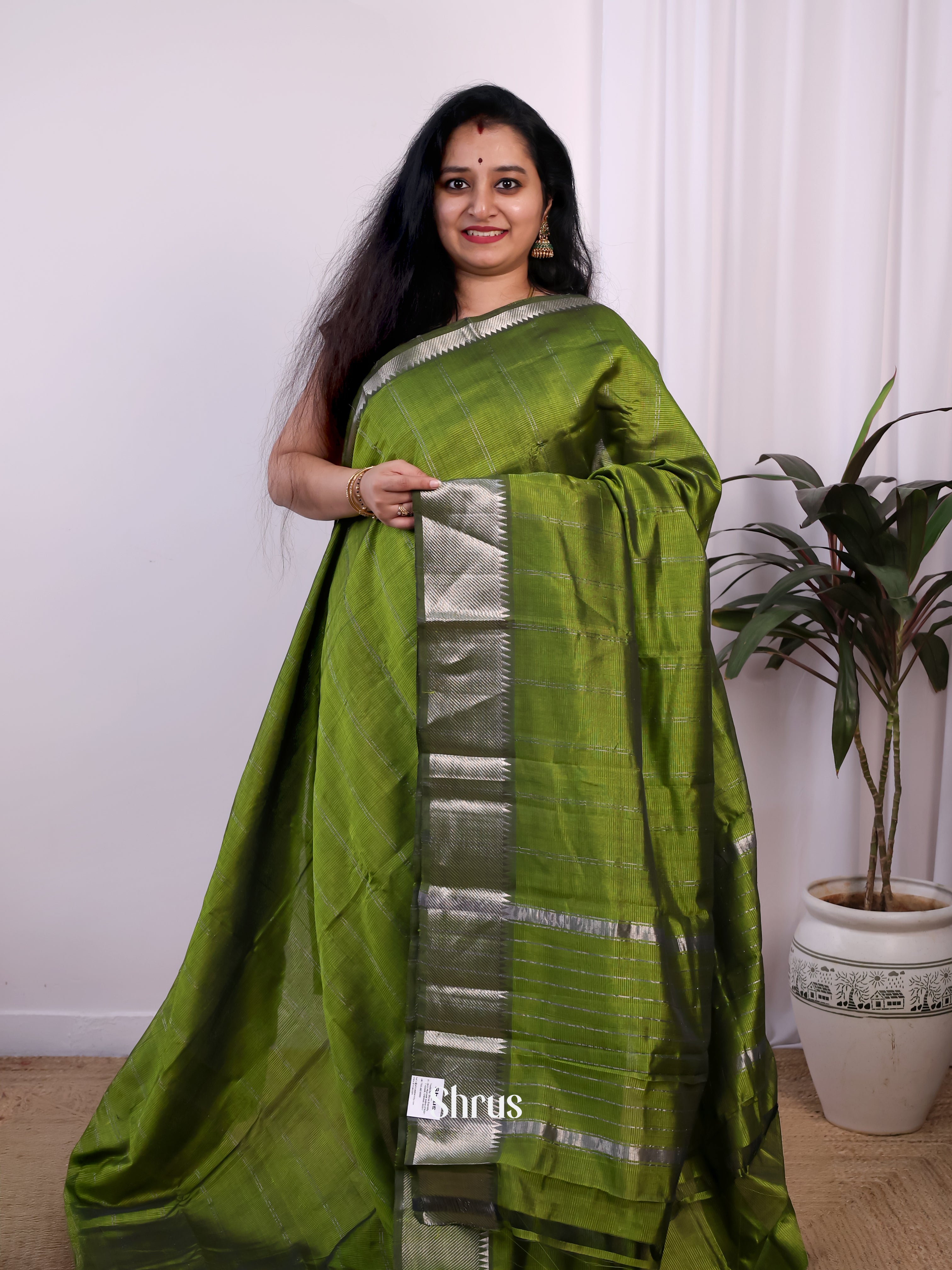 Olive Green Stripes(Single Tone) - Mangalagiri silkcotton Saree - Shop on Shrus.com