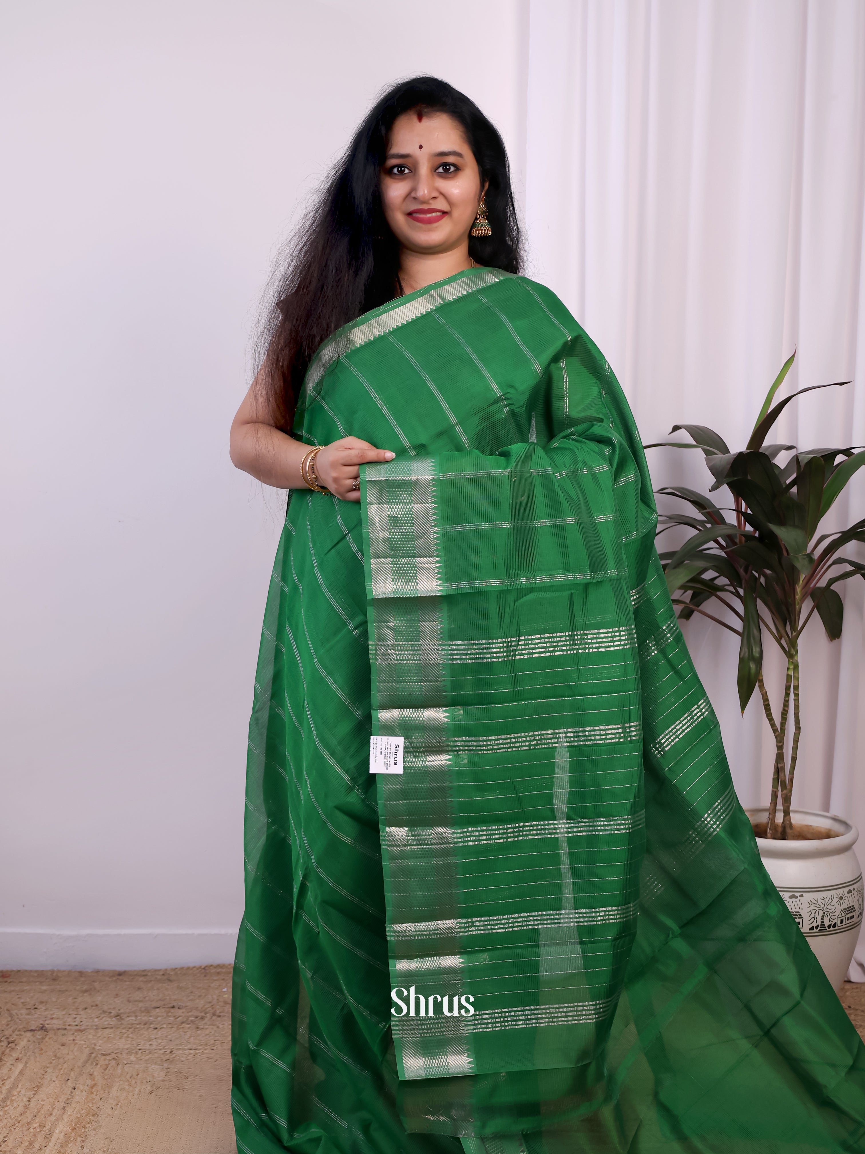 Serene Green Mangalagiri silk cotton Saree With Silver Zari Woven Stripes