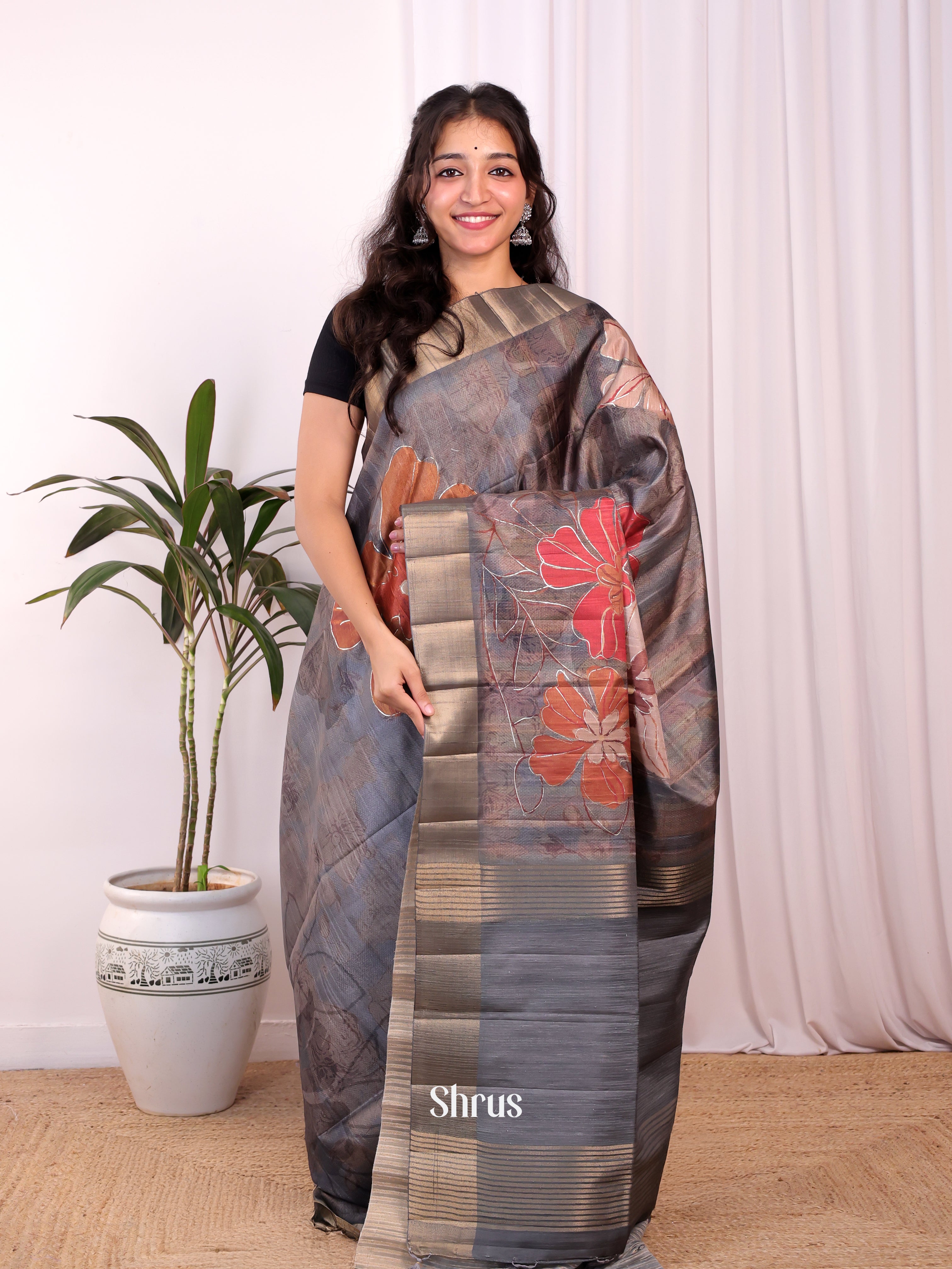 Grey - Moonga Saree - Shop on Shrus.com