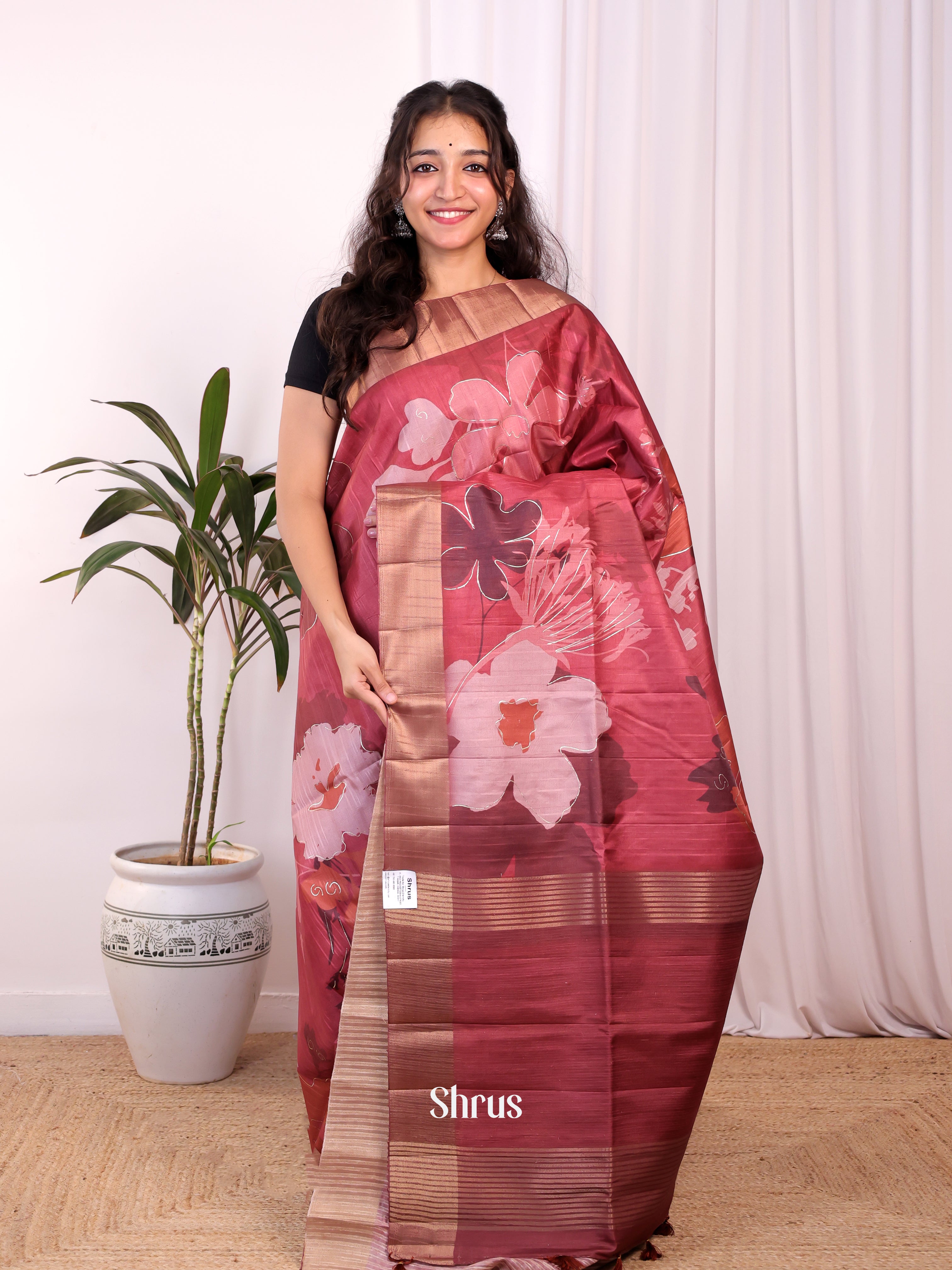Maroon - Moonga Saree - Shop on Shrus.com