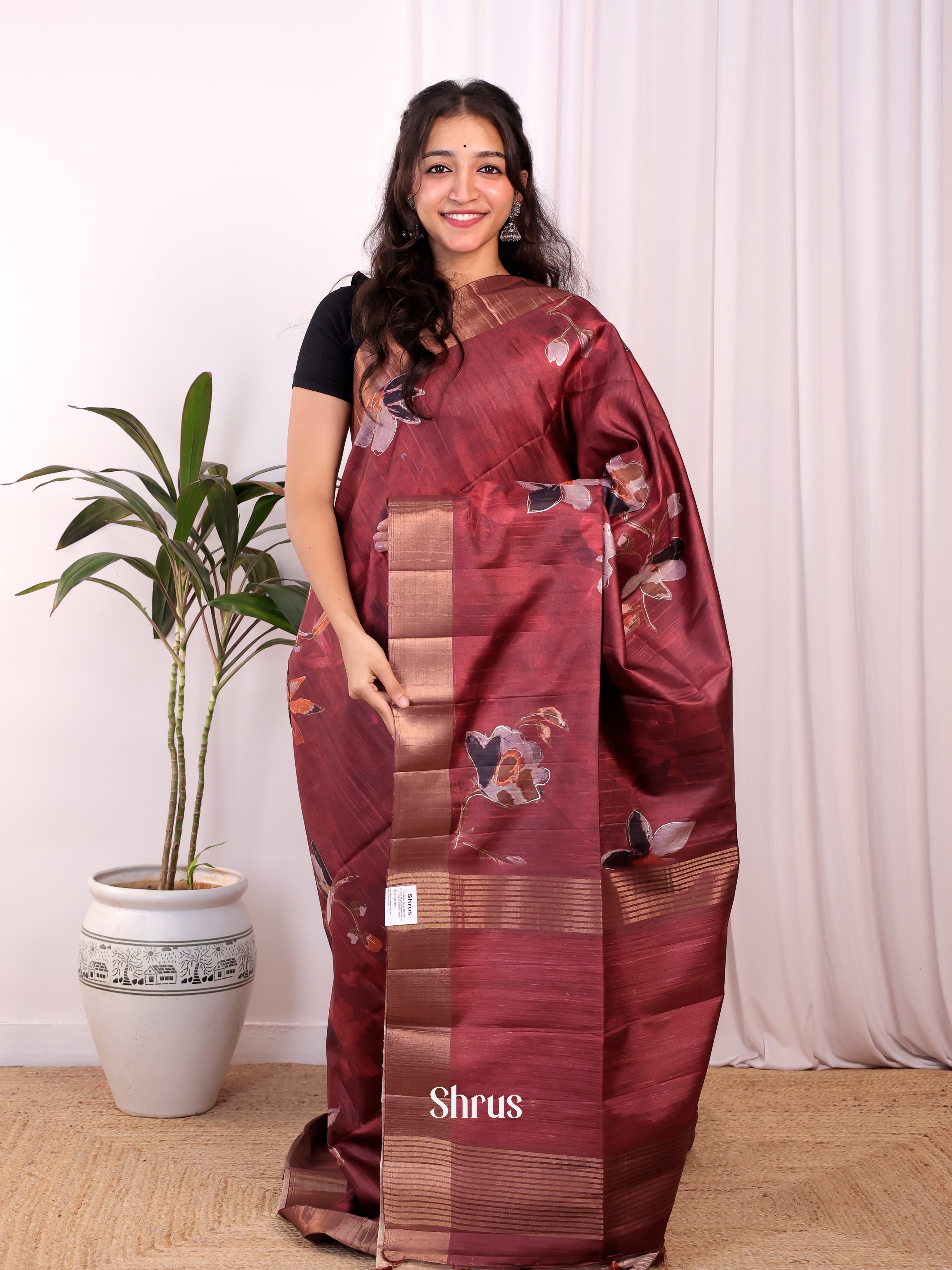 Maroon - Moonga Saree - Shop on Shrus.com