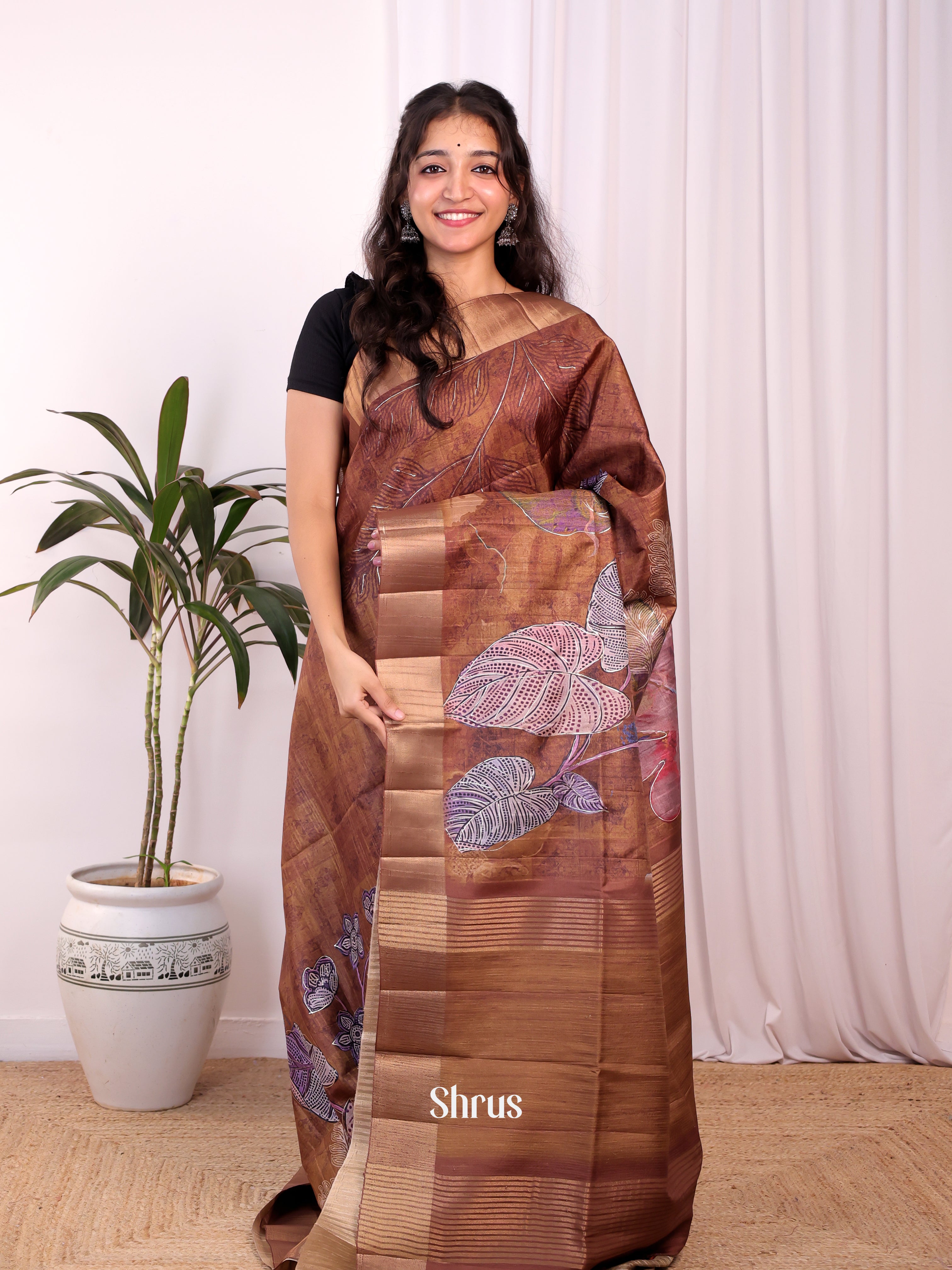 Brown- Moonga Saree - Shop on Shrus.com