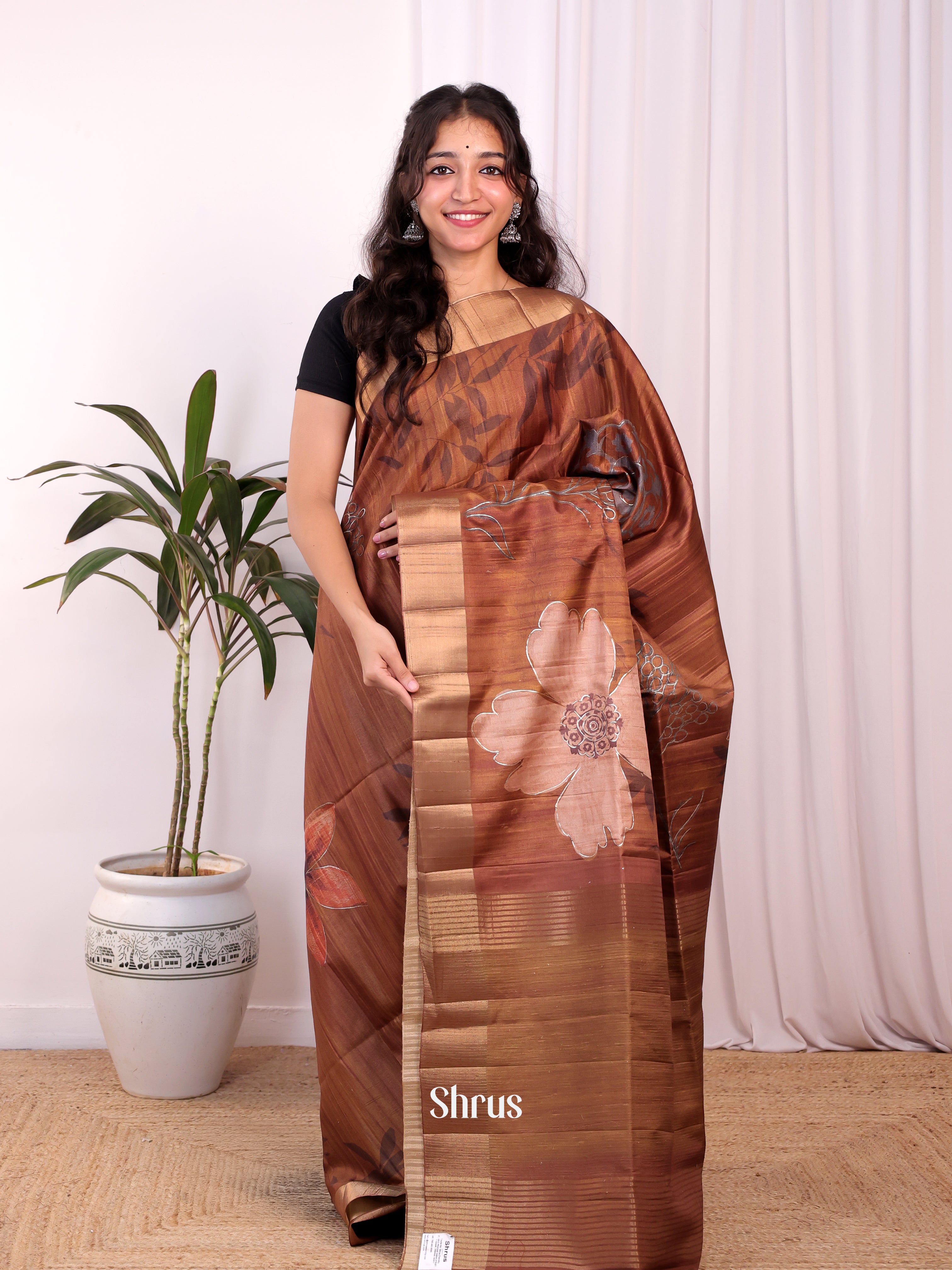 Brown - Moonga Saree - Shop on Shrus.com