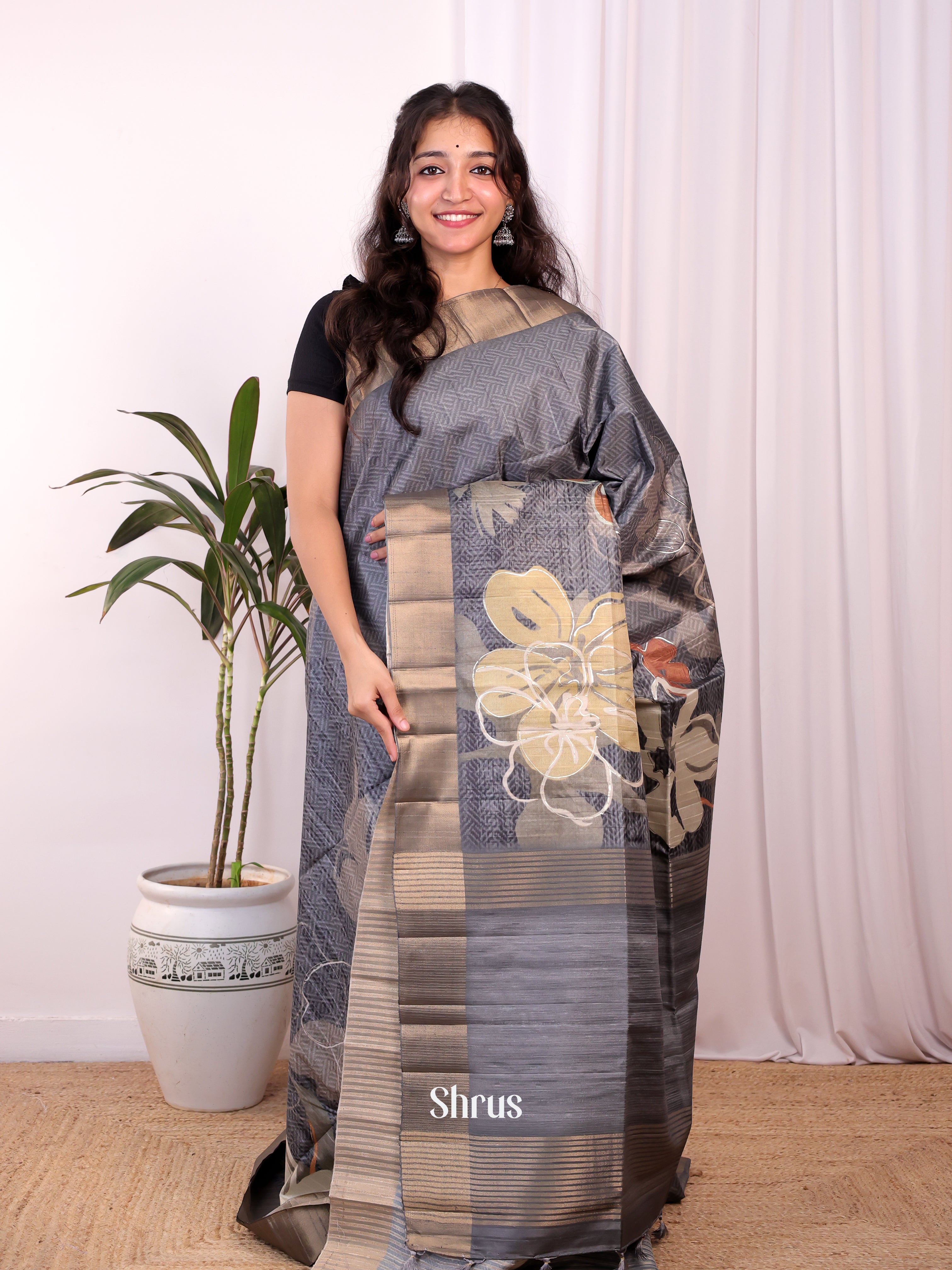 Grey - Moonga Saree - Shop on Shrus.com