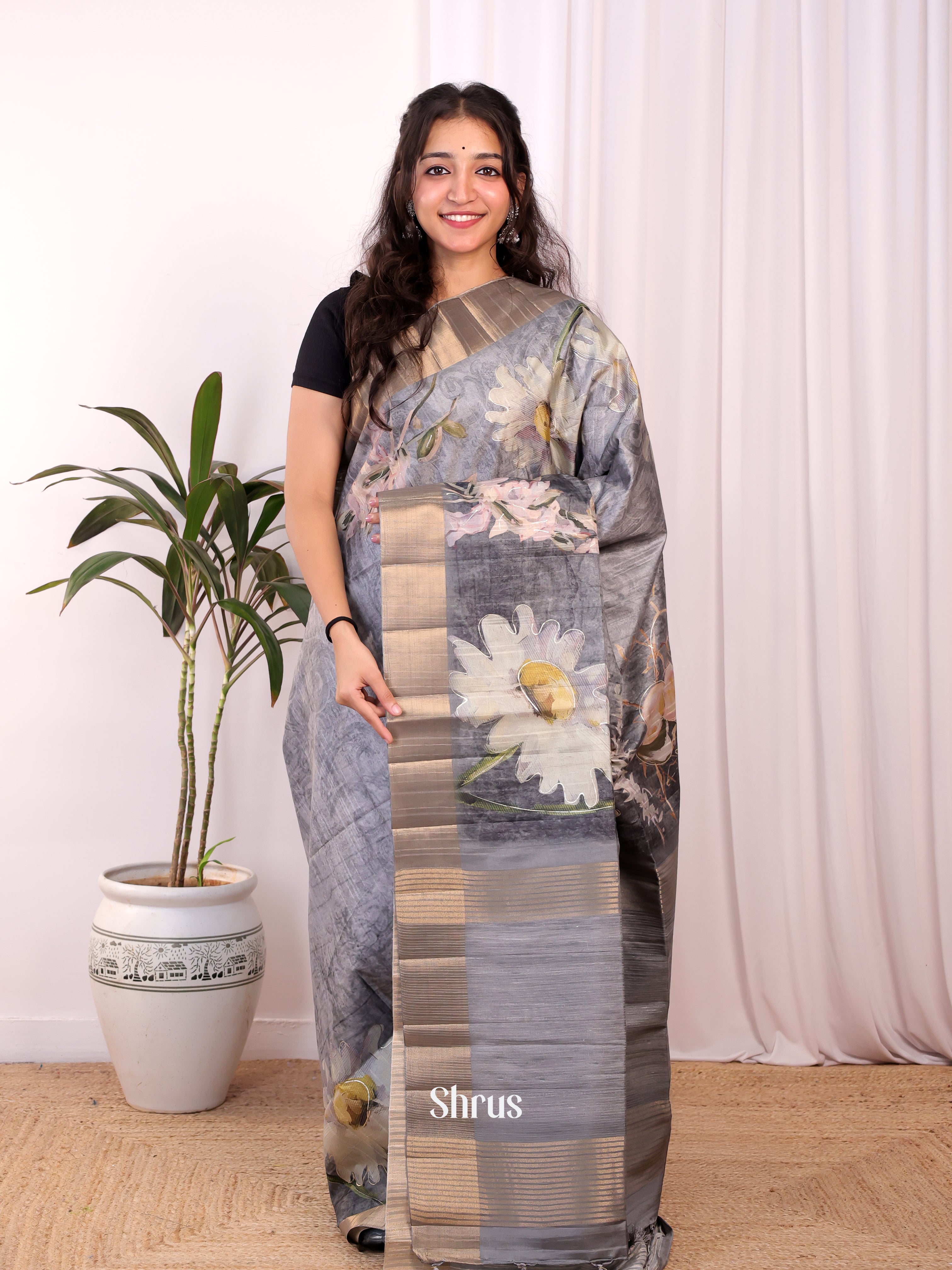 Grey - Moonga Saree - Shop on Shrus.com