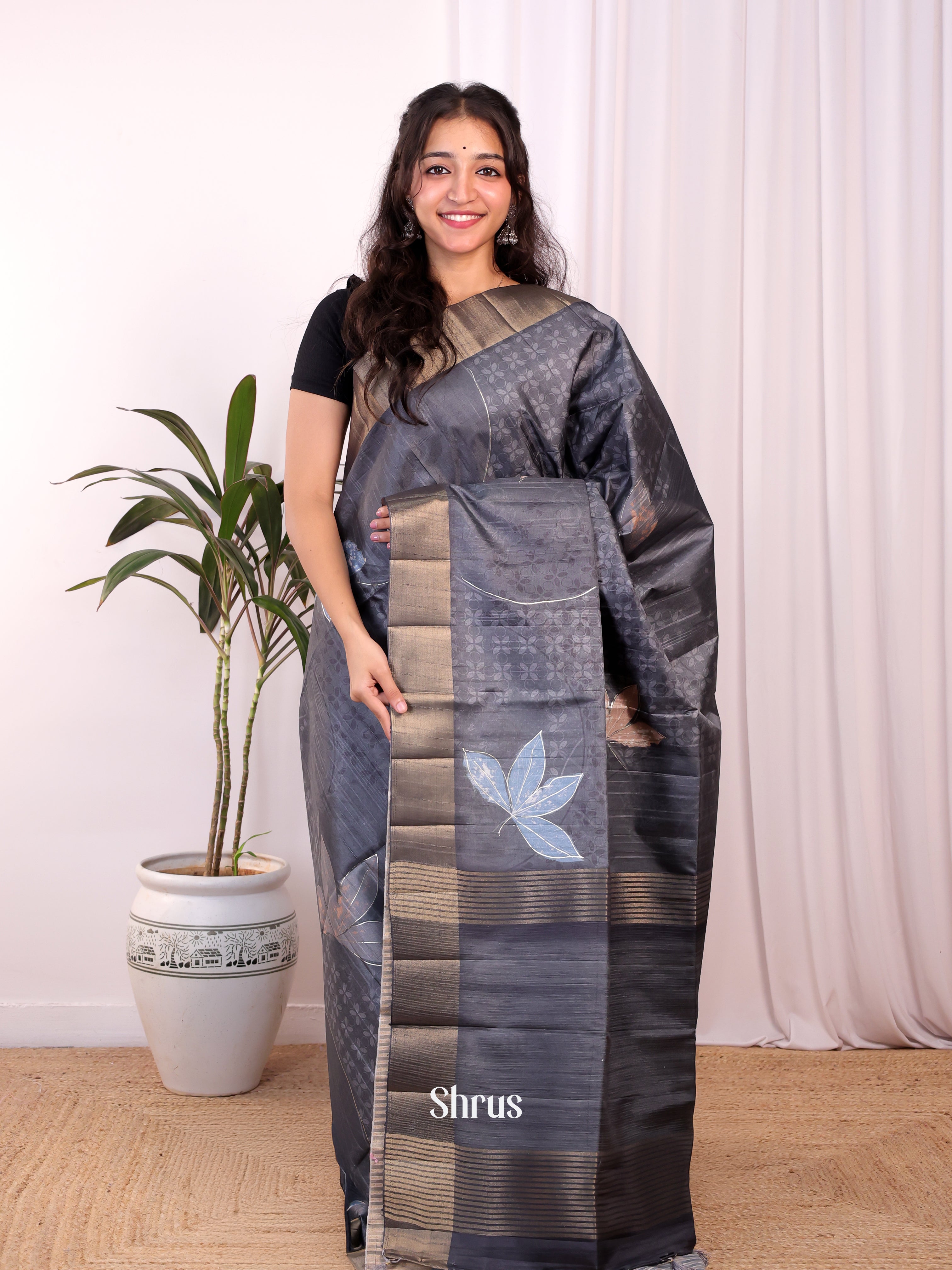 Grey - Moonga Saree - Shop on Shrus.com