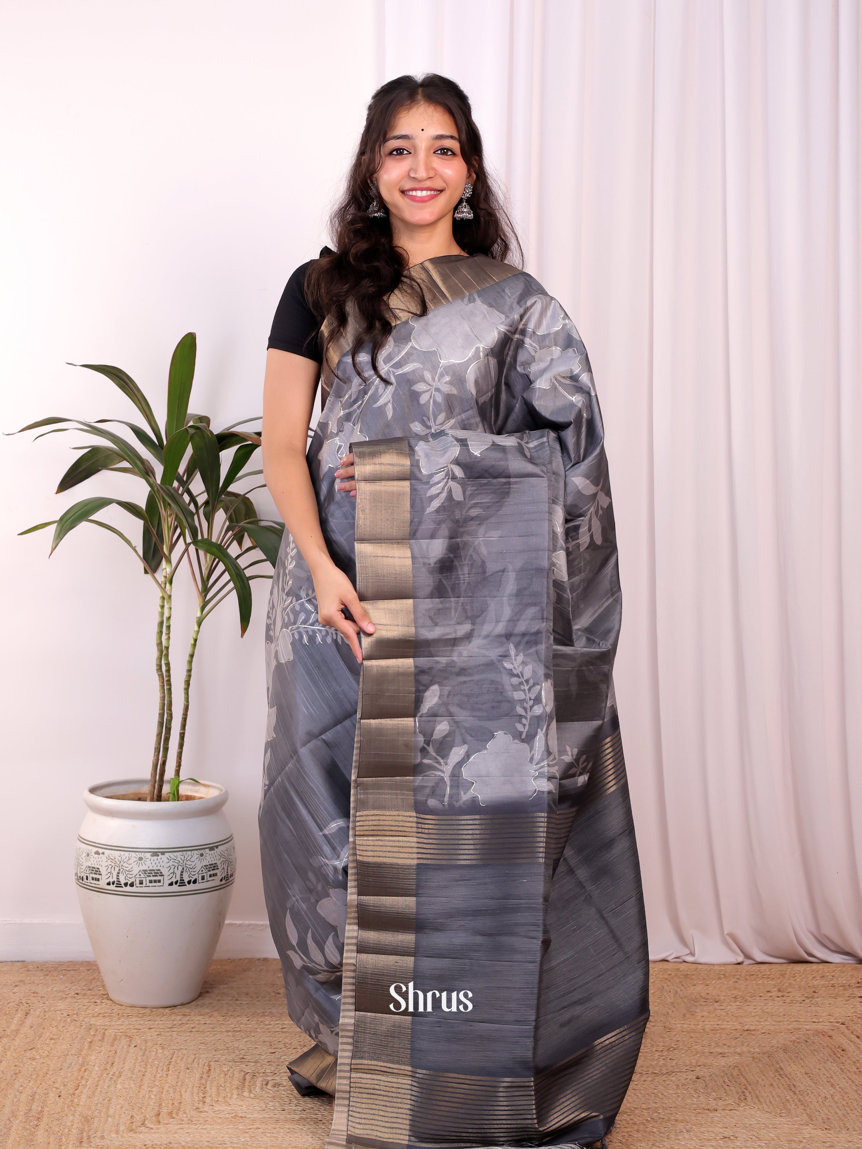 Grey - Moonga Saree - Shop on Shrus.com