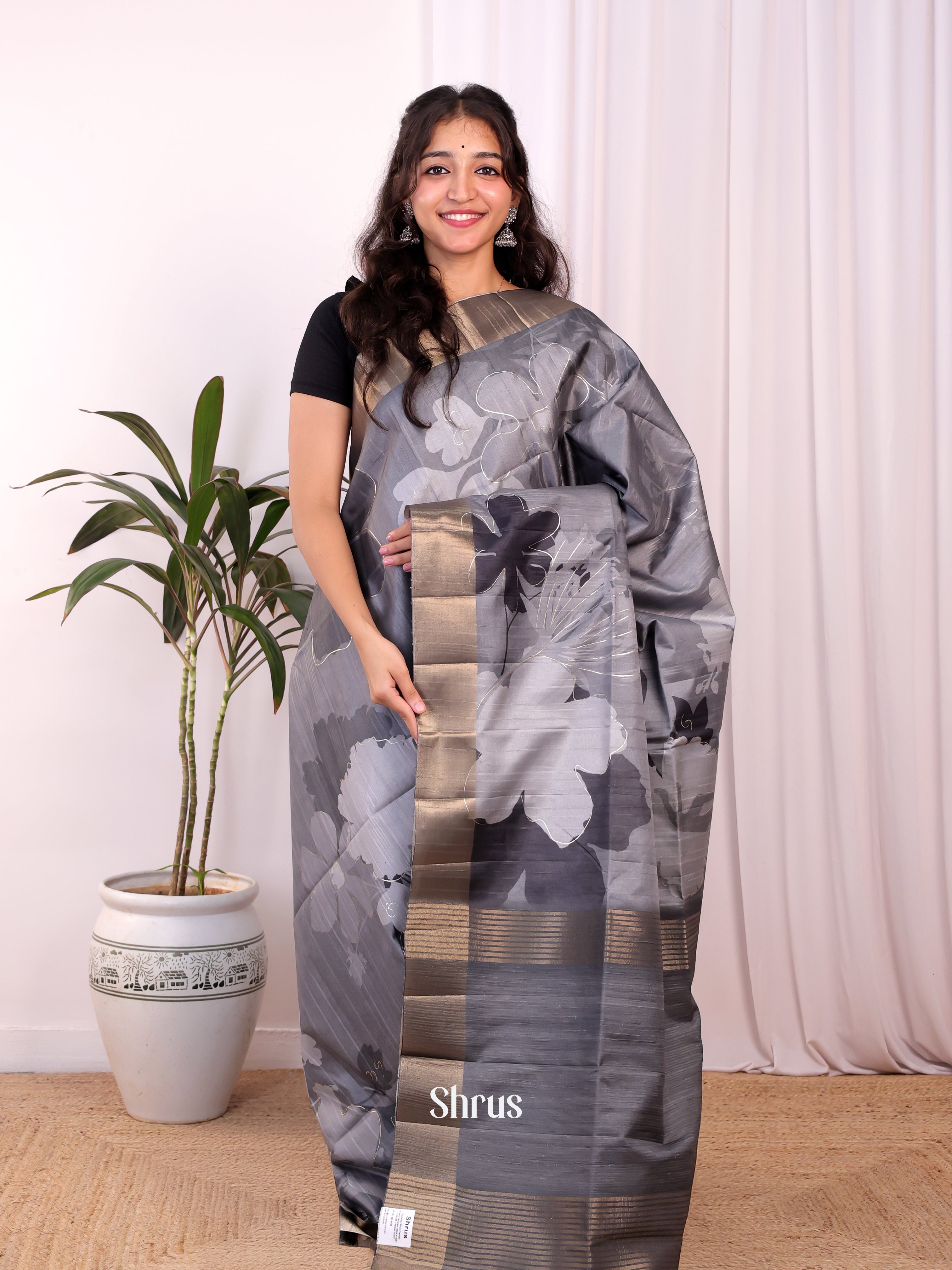 Grey - Moonga Saree - Shop on Shrus.com