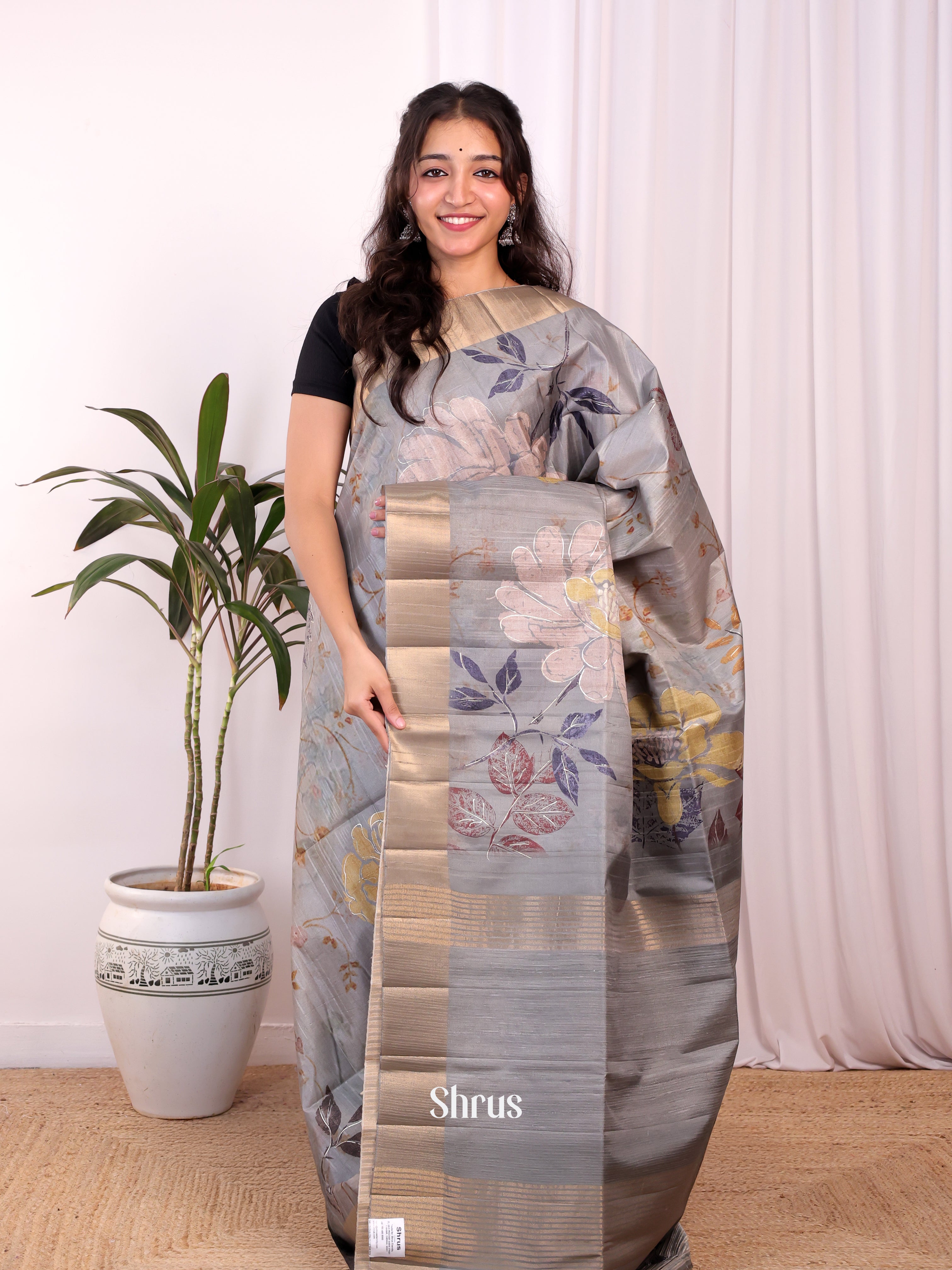 Grey - Moonga Saree - Shop on Shrus.com