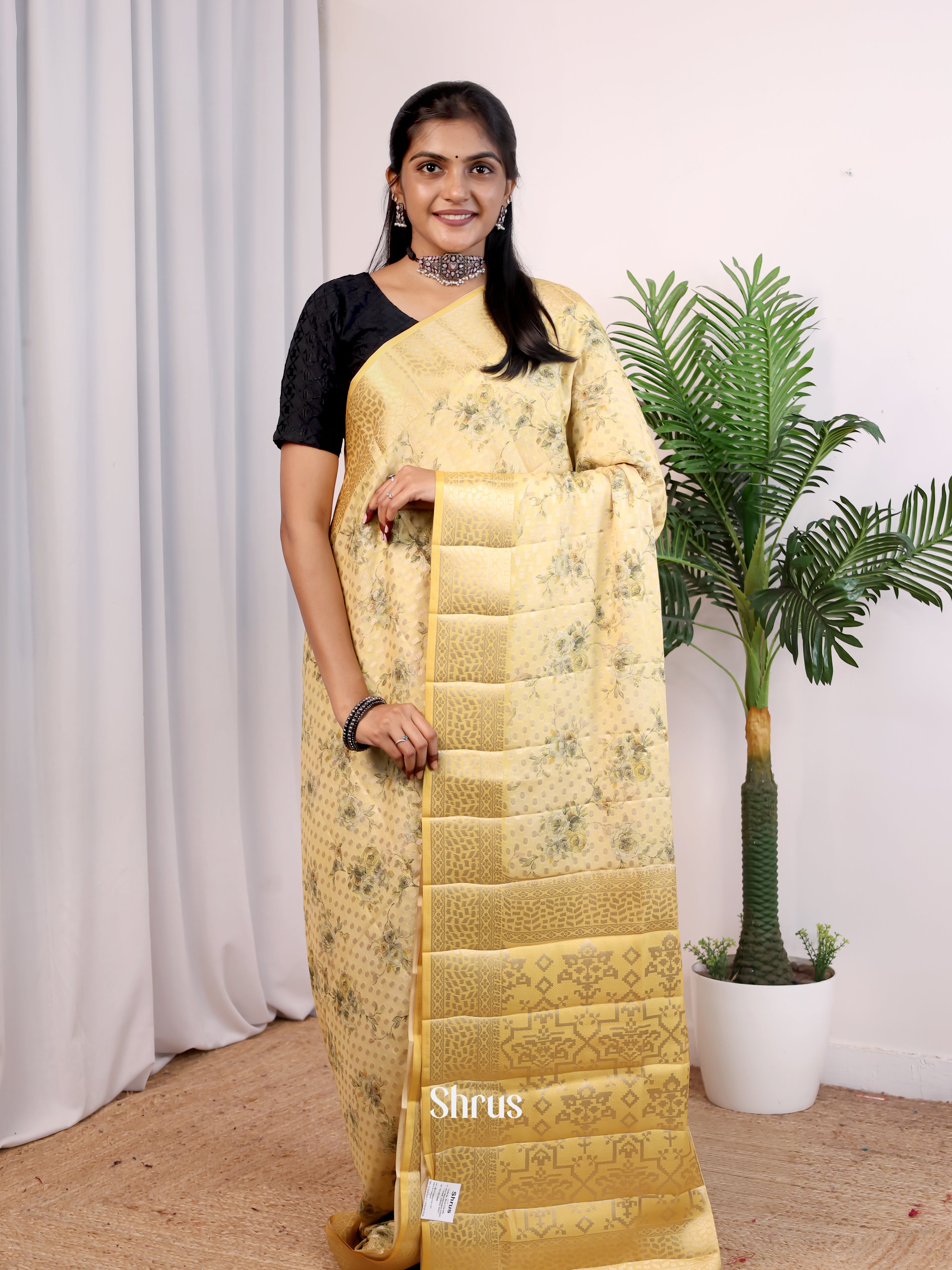 Lite Yellow designed - Printed chanderi Saree