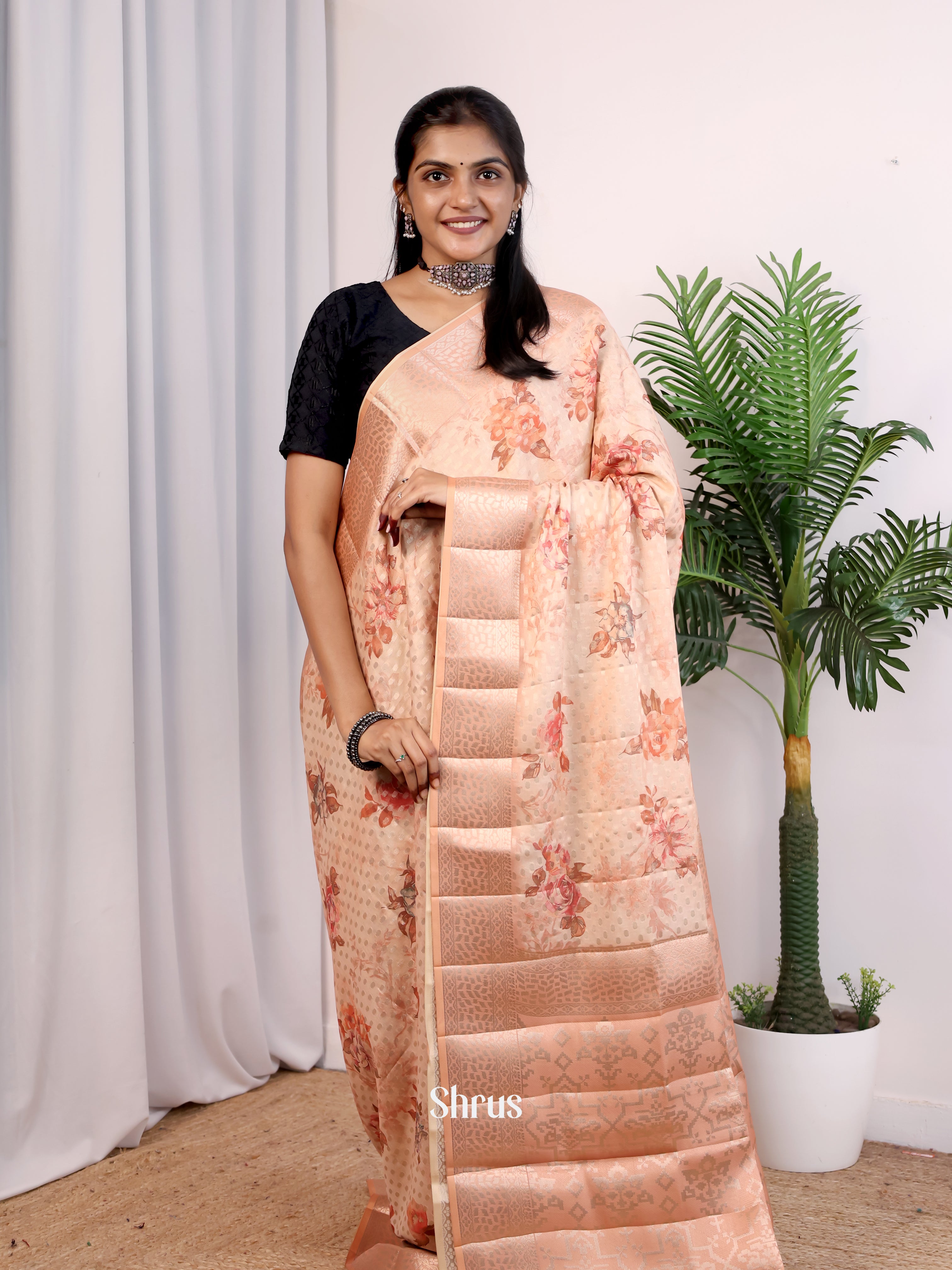 cream Peachish Pink - Printed chanderi Saree