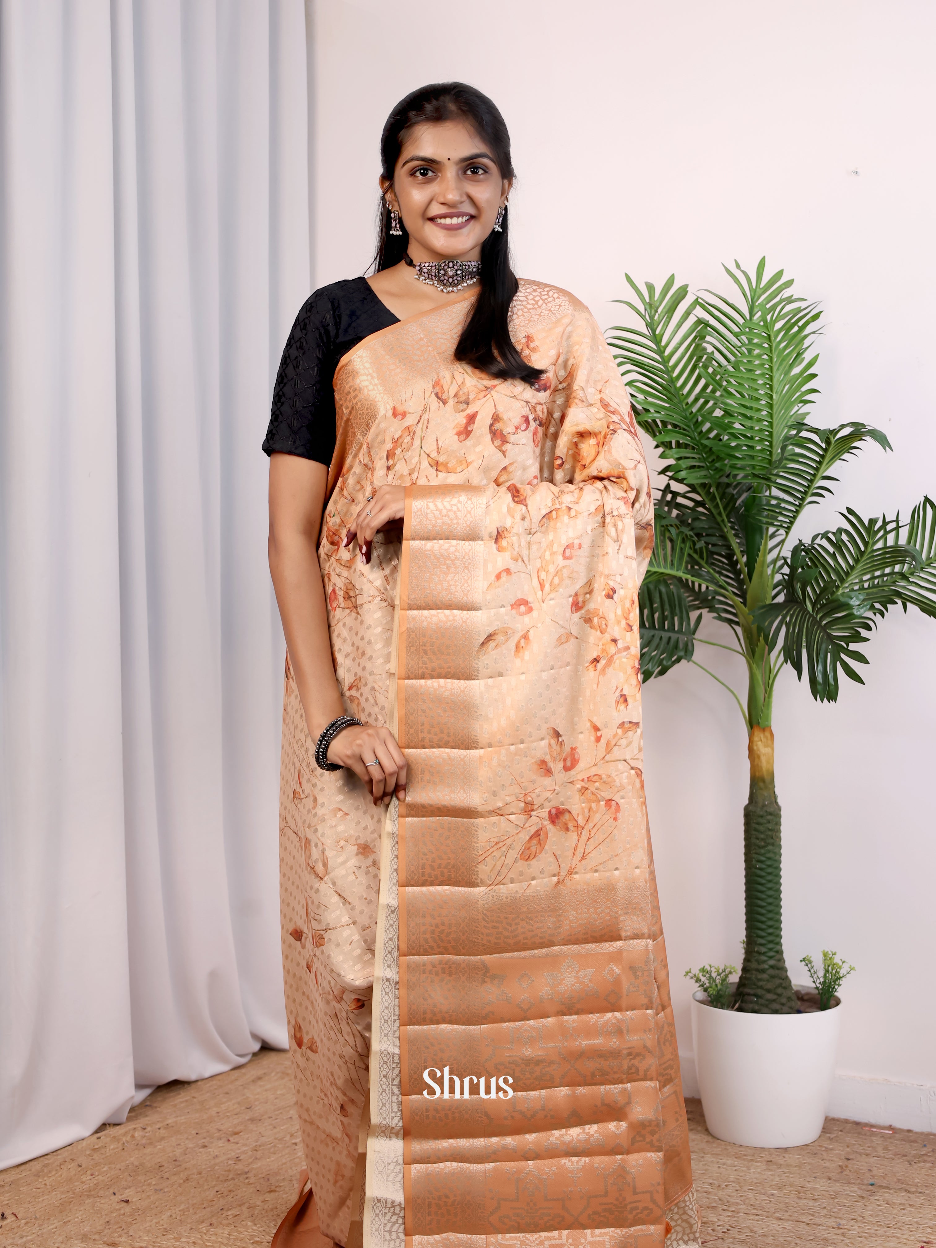 orangish Peach - Printed chanderi Saree