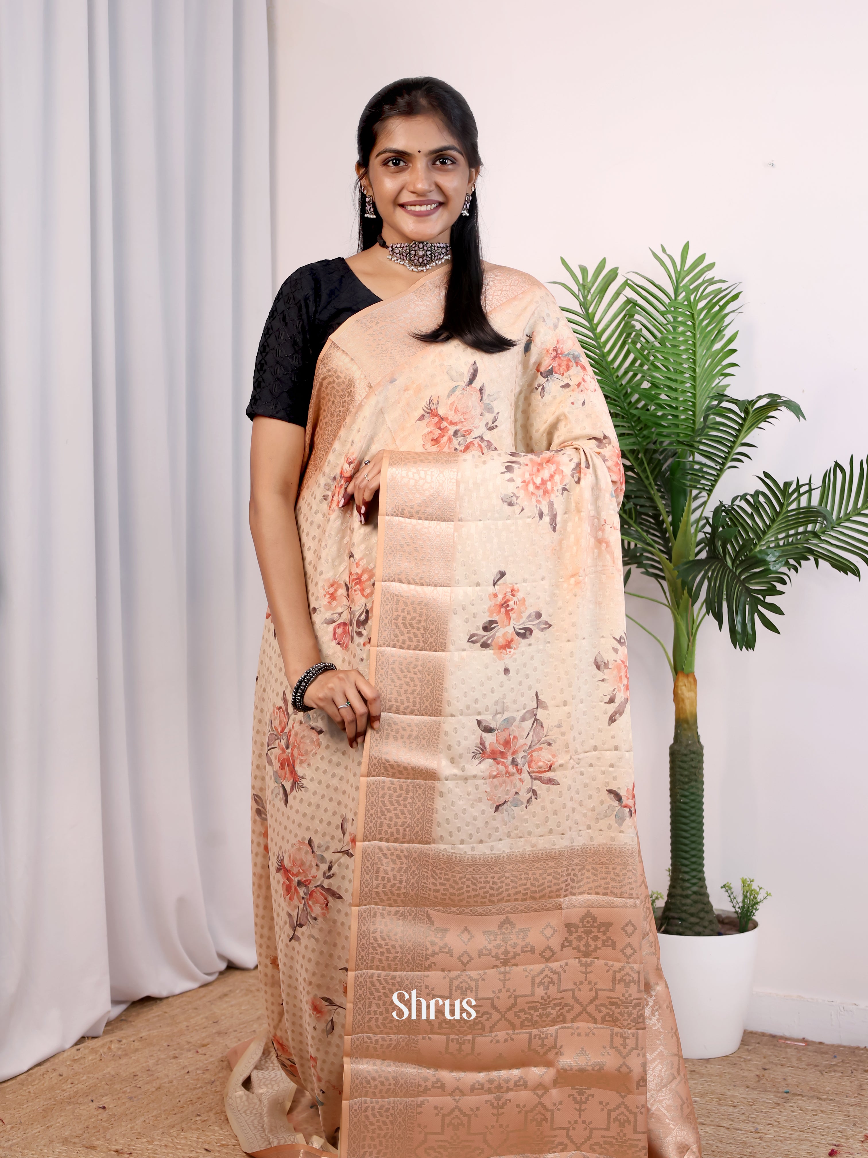 Cream & Peach floral - Printed chanderi Saree