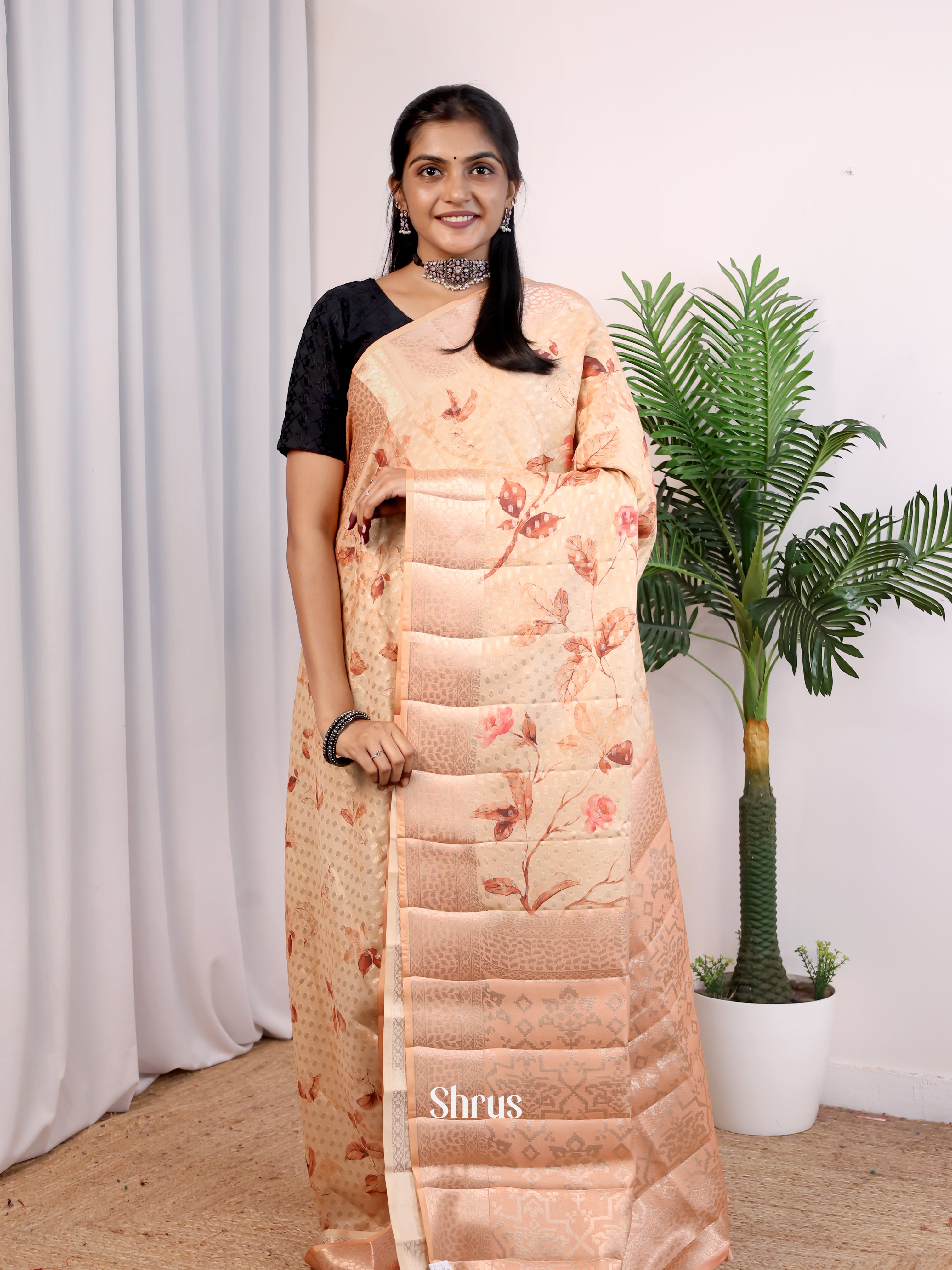 Peach brown - Printed chanderi Saree