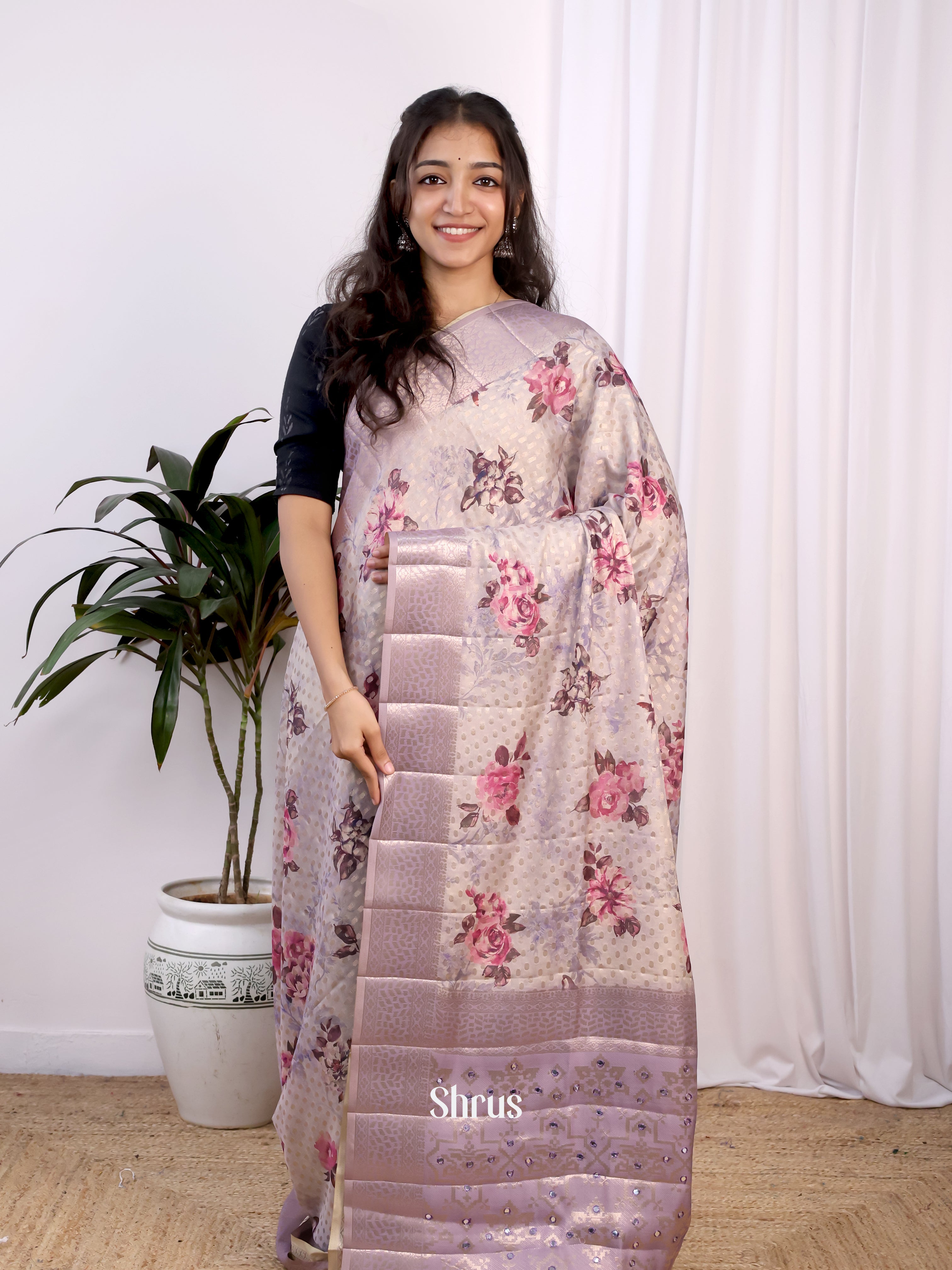 Purple- Printed chanderi Saree - Shop on Shrus.com