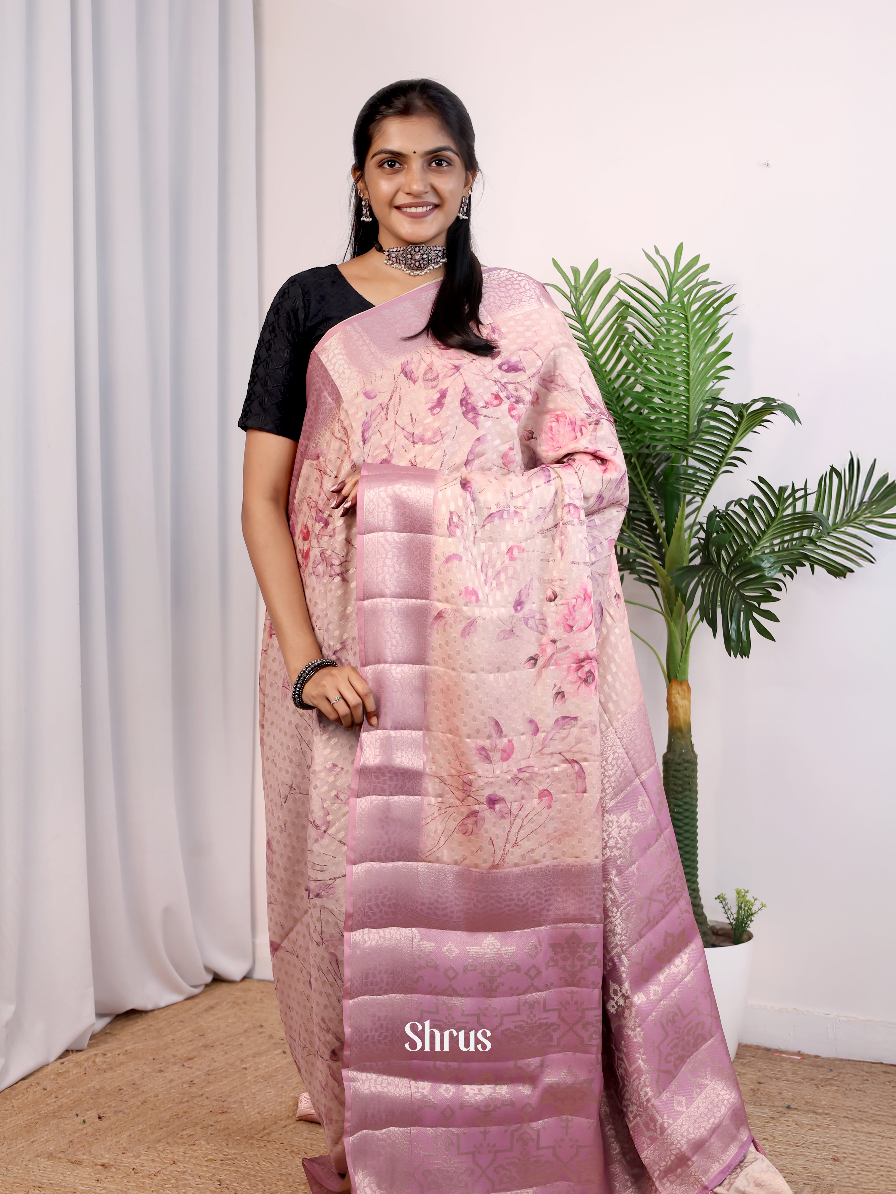 Lavender floral - Printed chanderi Saree