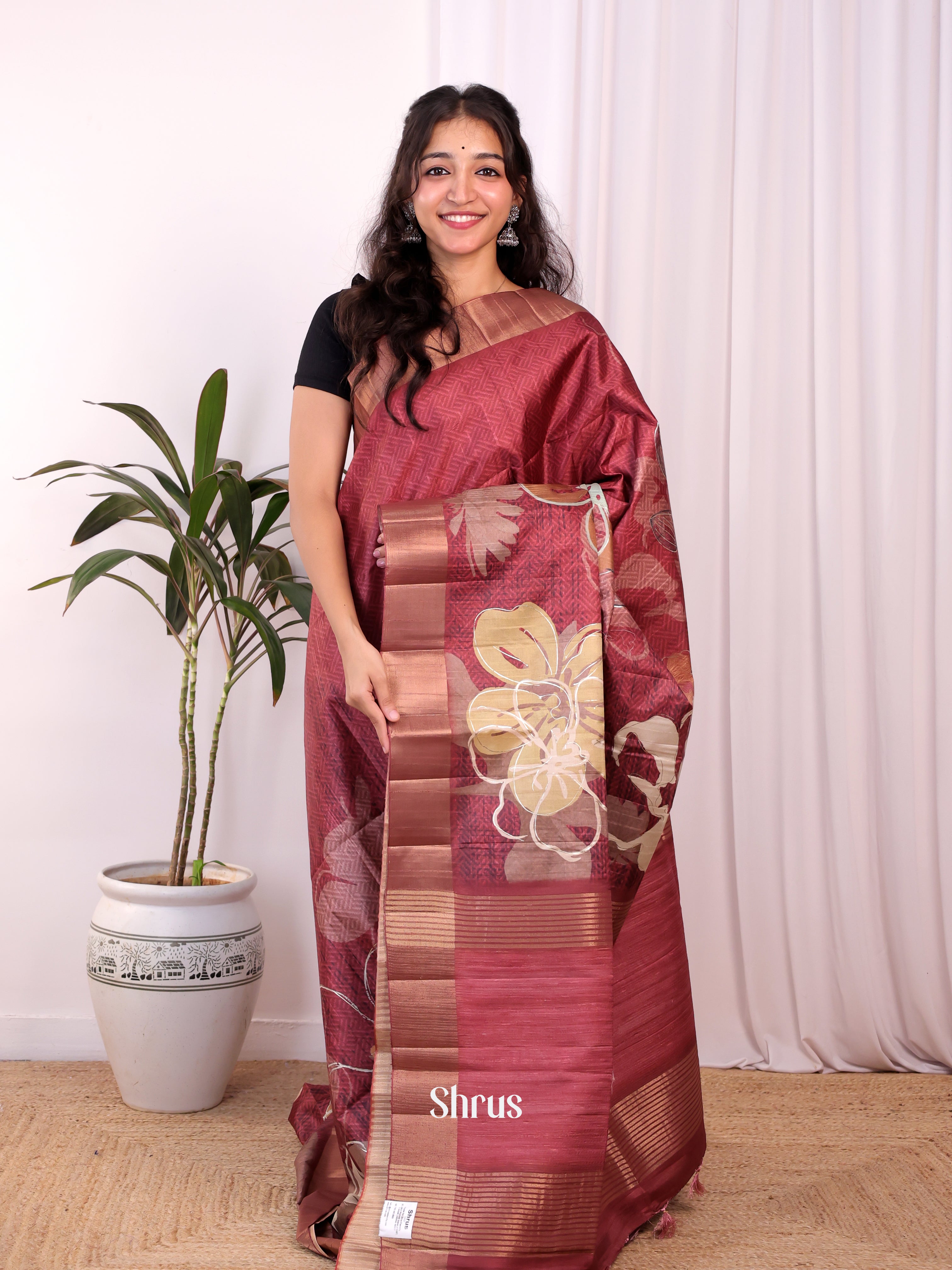 Maroon - Moonga Saree - Shop on Shrus.com