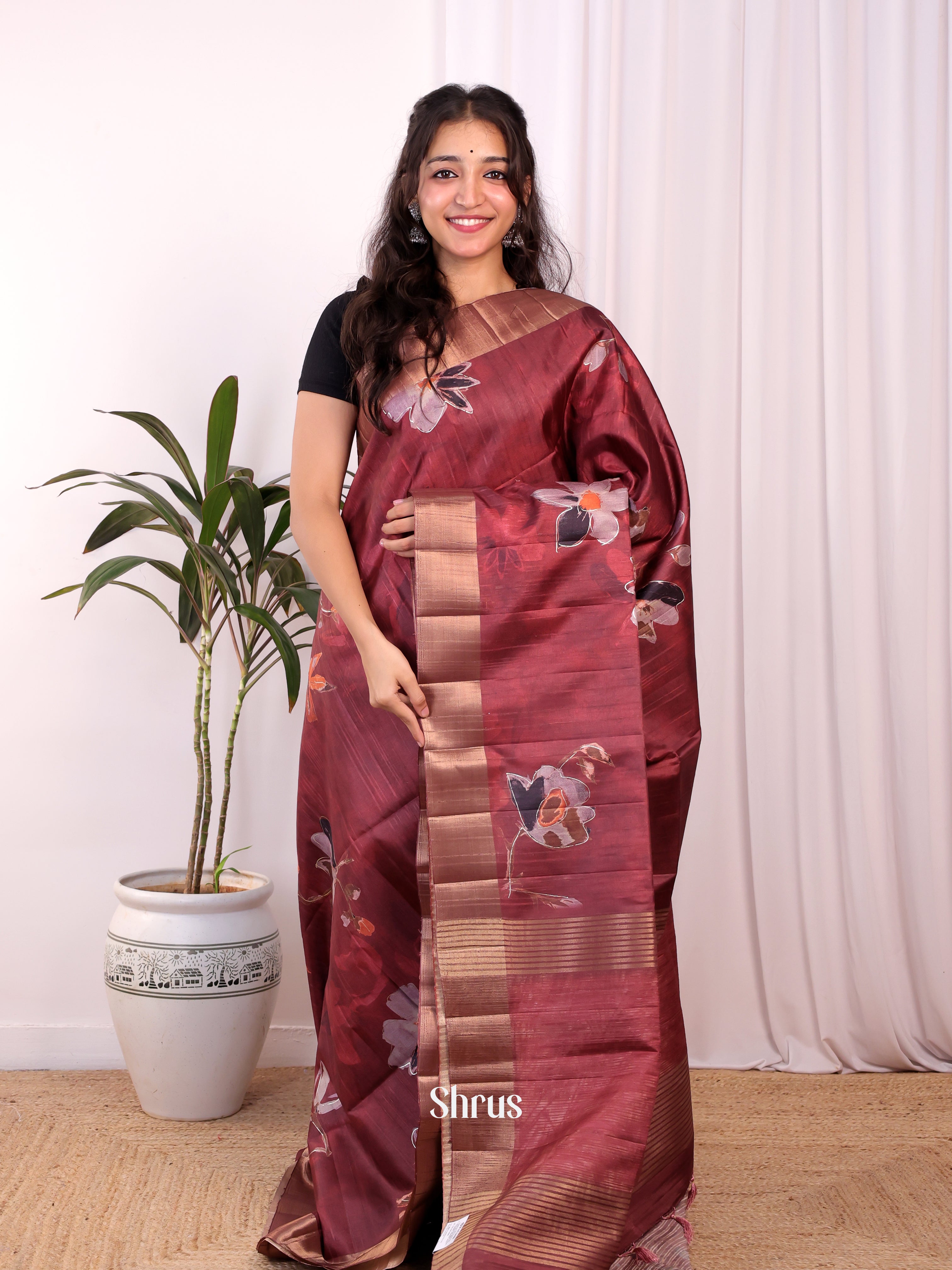 Maroon- Moonga Saree - Shop on Shrus.com