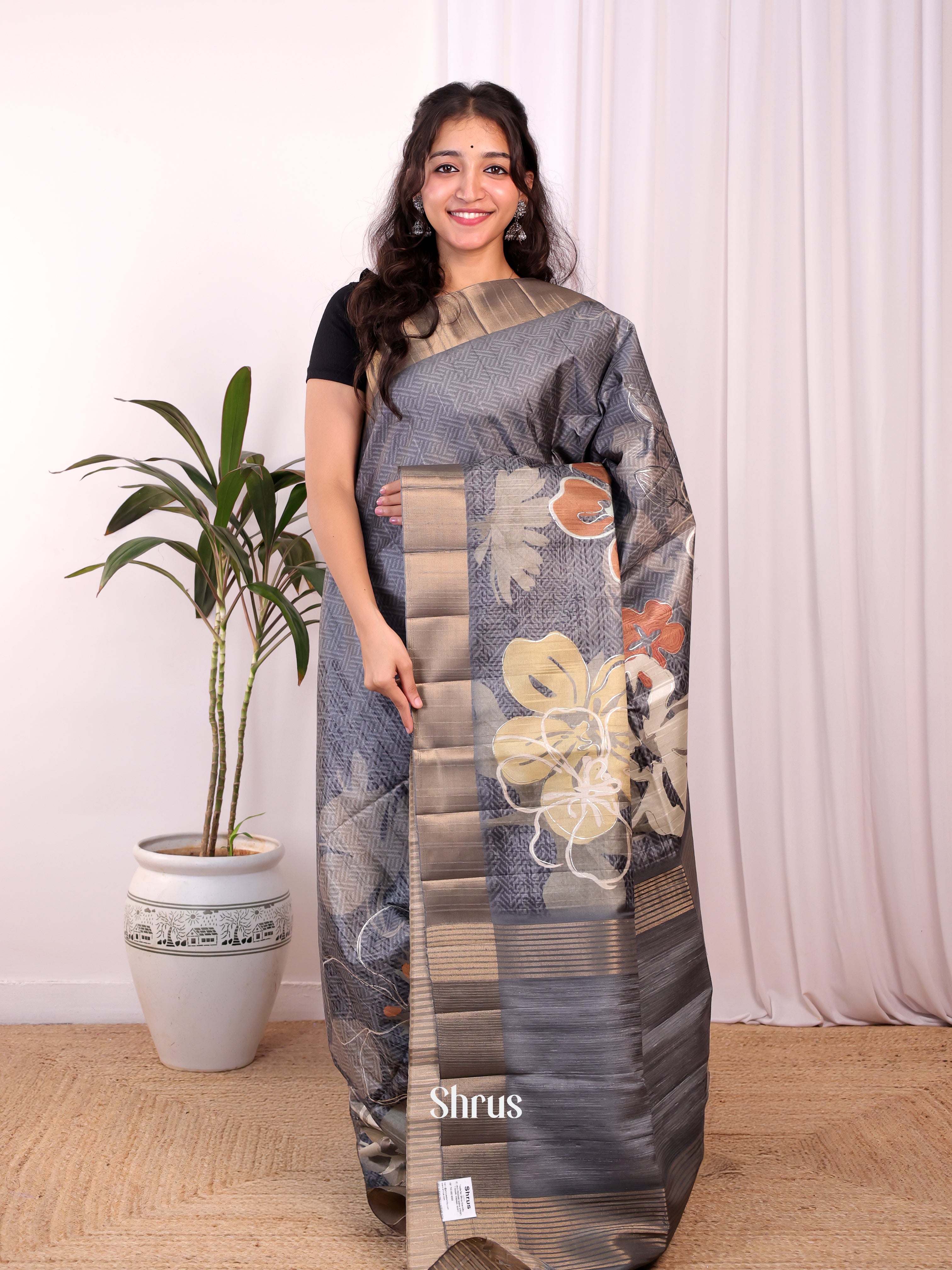 Grey - Moonga Saree - Shop on Shrus.com